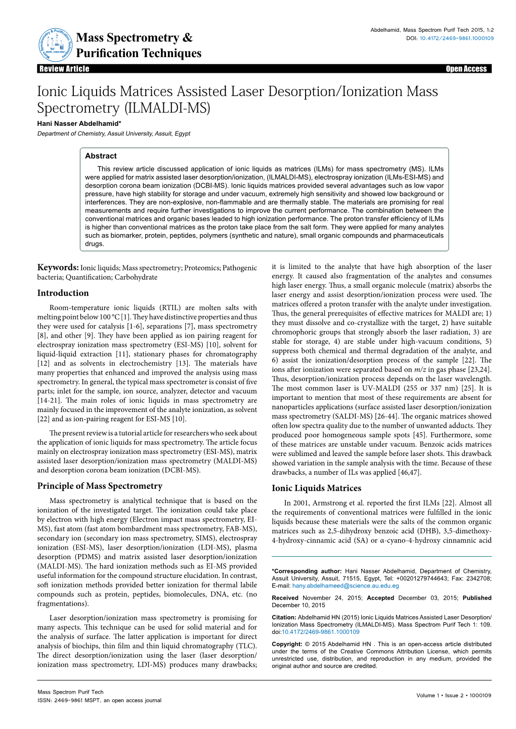 Ionic Liquids Matrices for Laser Assisted Desorption/Ionization Mass Spectrometry