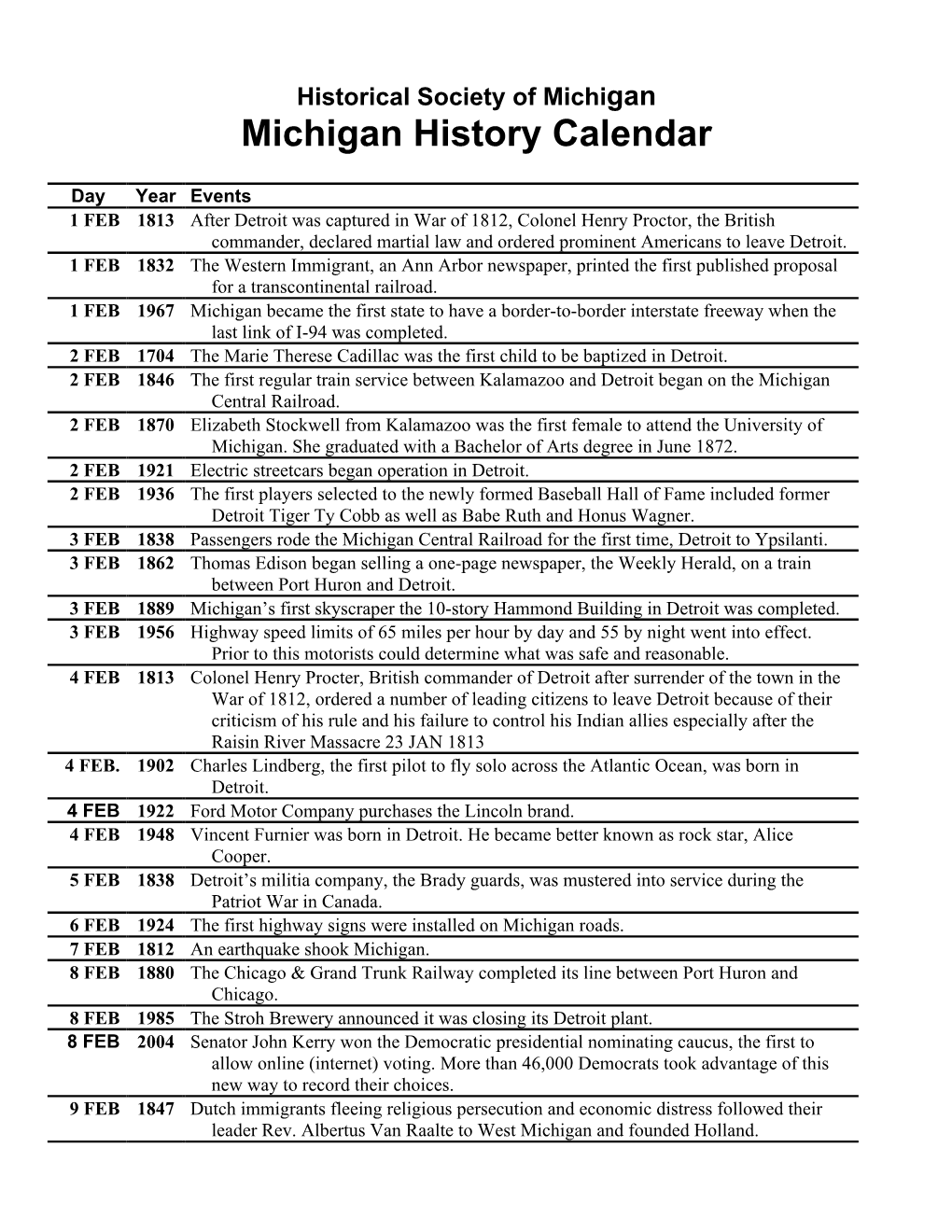 Michigan History Calendar