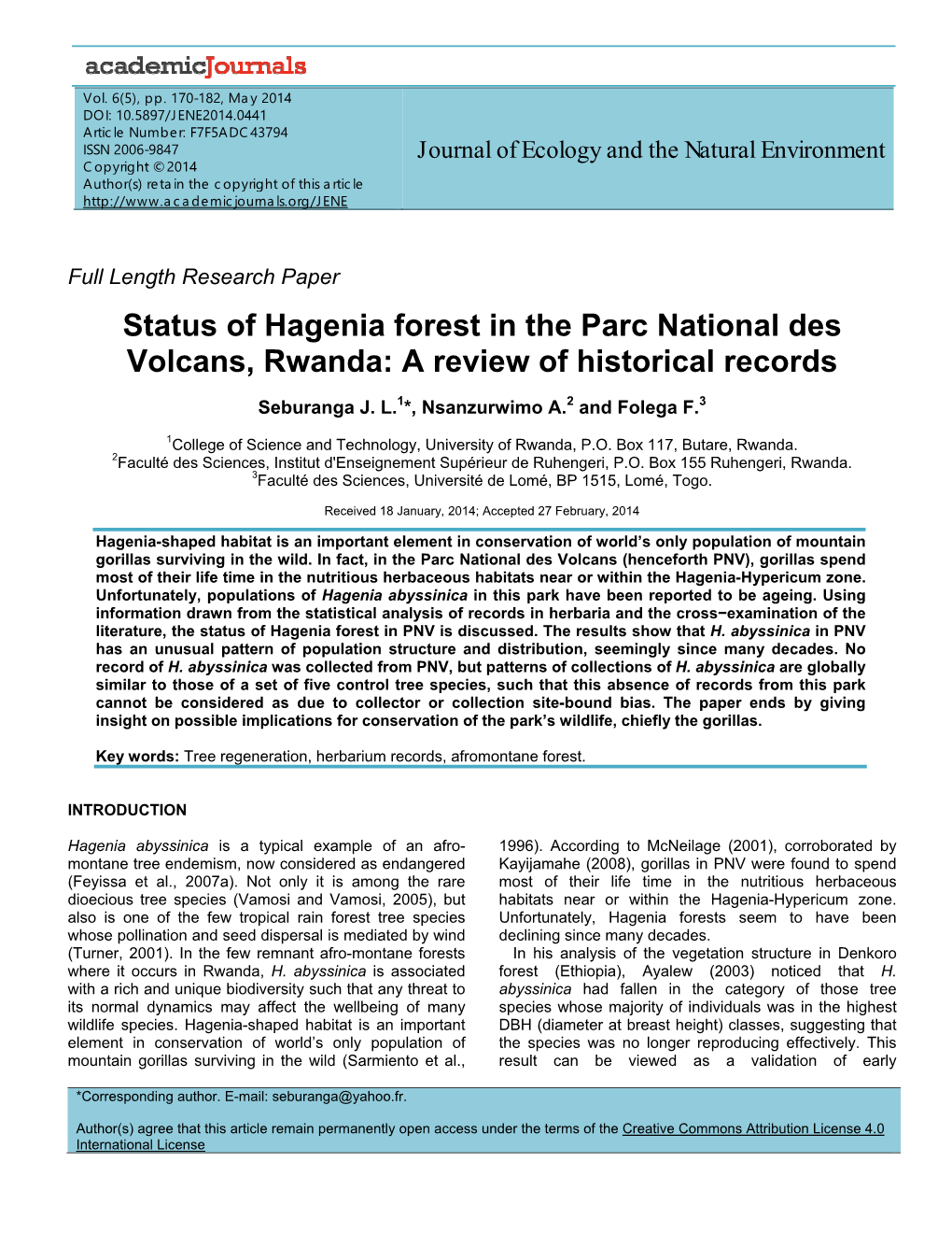 Status of Hagenia Forest in the Parc National Des Volcans, Rwanda: a Review of Historical Records