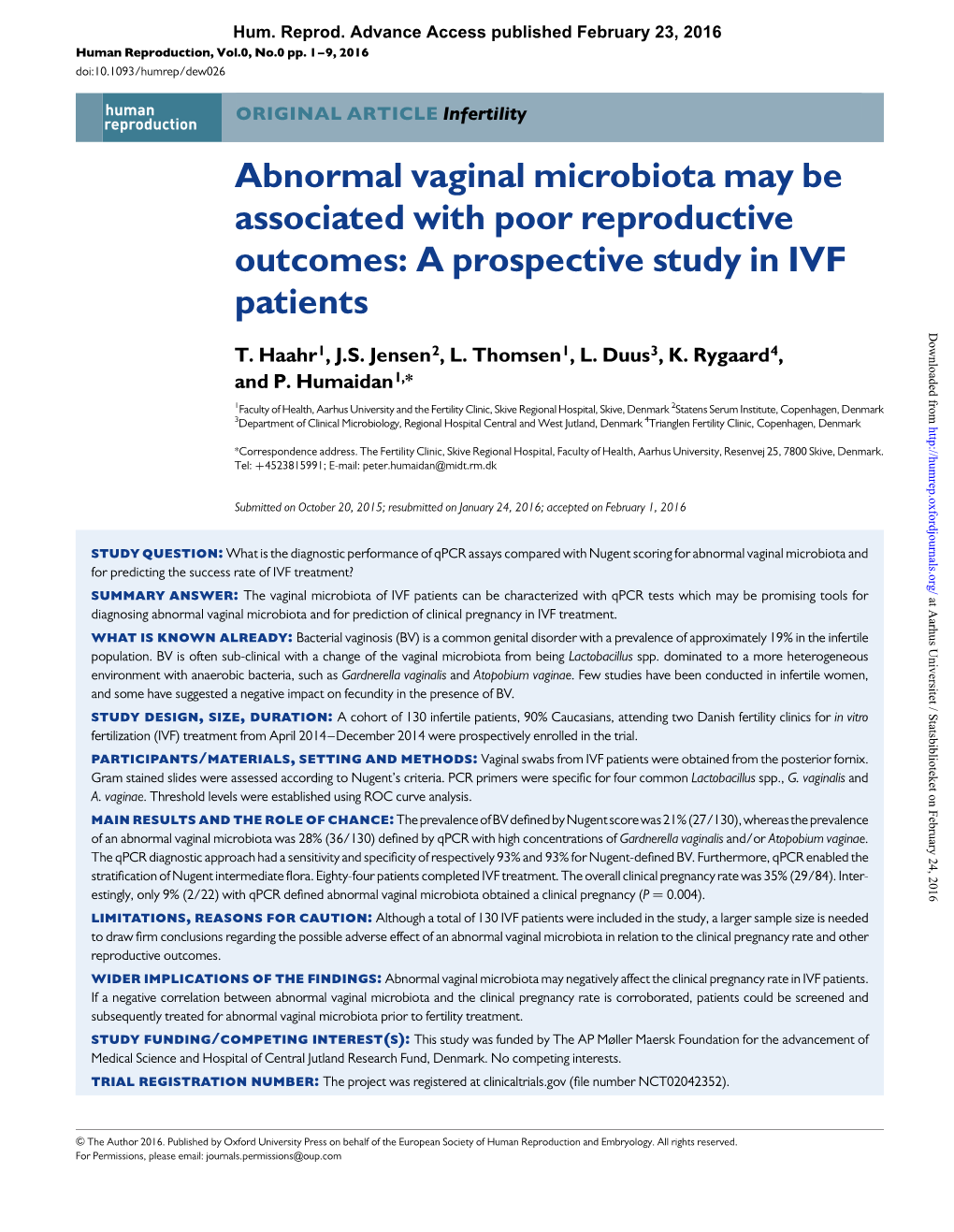 Abnormal Vaginal Microbiota May Be Associated with Poor Reproductive Outcomes: a Prospective Study in IVF Patients Downloaded from T