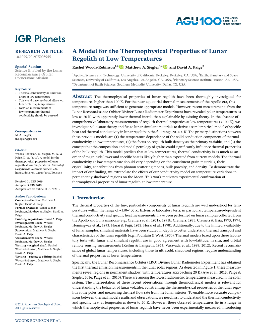 A Model for the Thermophysical Properties of Lunar Regolith at Low