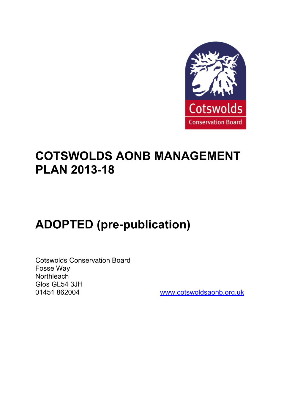 Cotswolds Aonb Management Plan 2013-18 Adopted