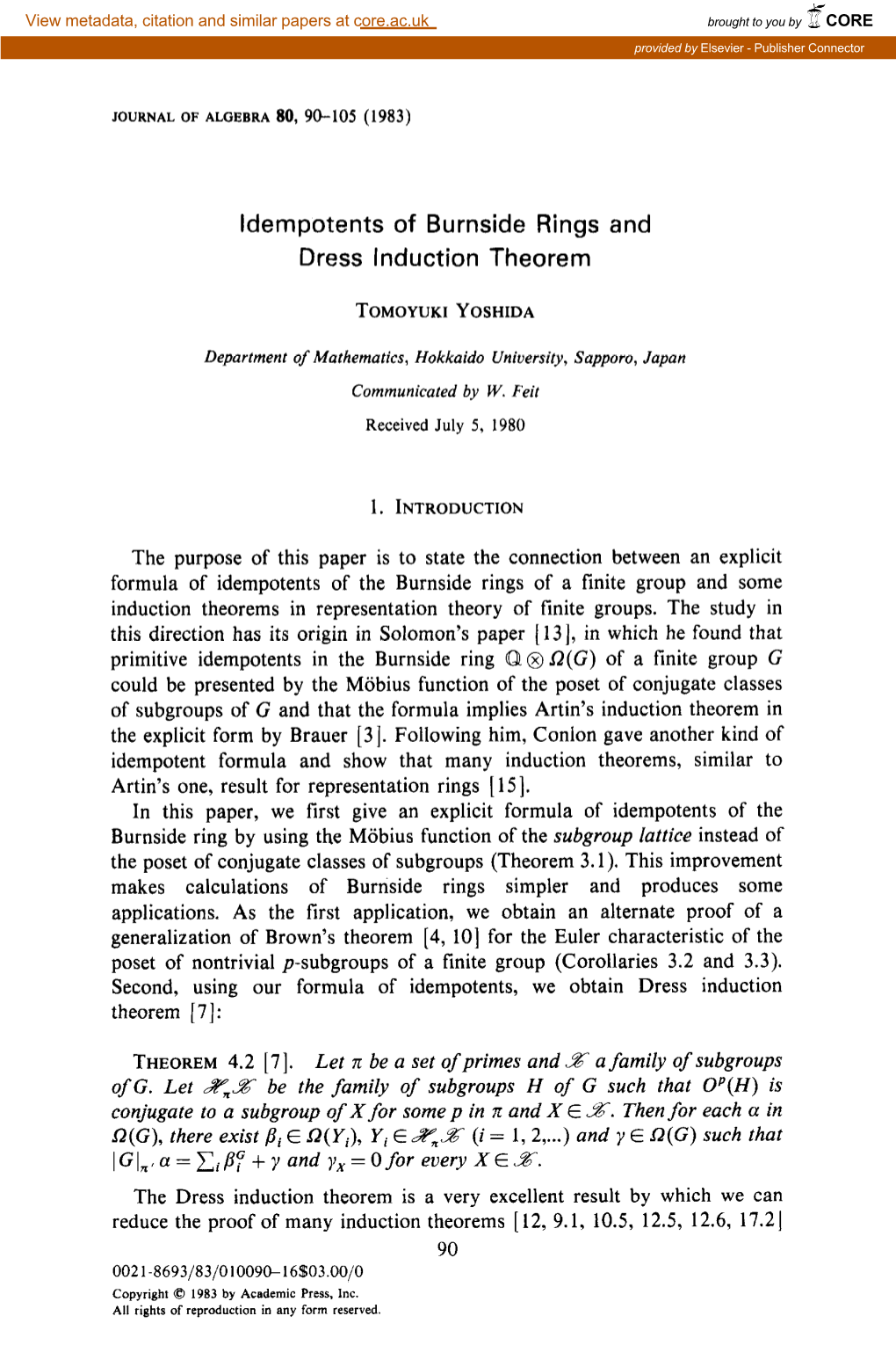 Ldempotents of Burnside Rings and Dress Induction Theorem