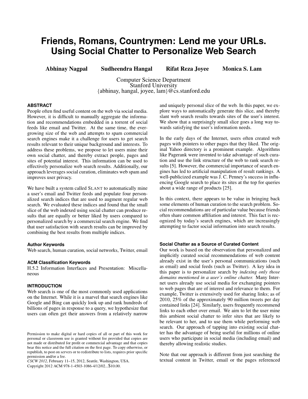 Lend Me Your Urls. Using Social Chatter to Personalize Web Search