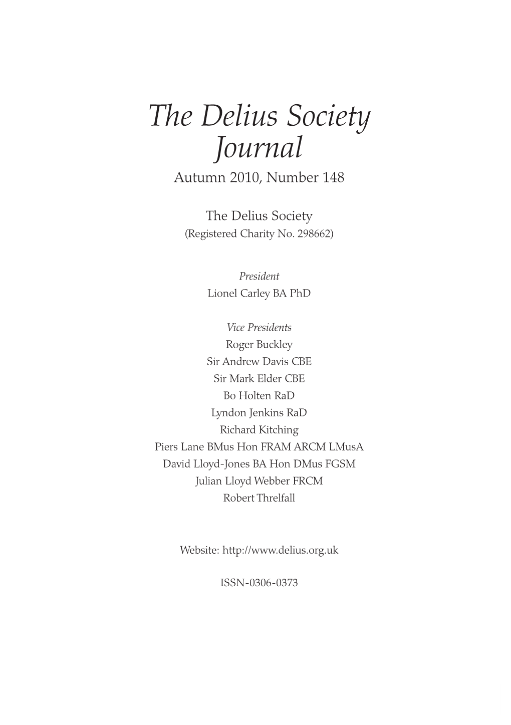 The Delius Society Journal Autumn 2010, Number 148