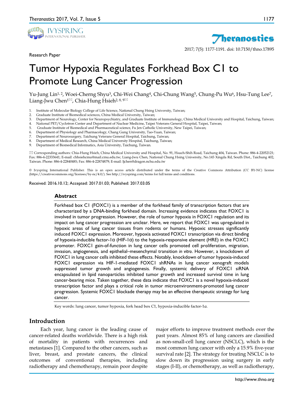 Tumor Hypoxia Regulates Forkhead Box C1 to Promote Lung Cancer Progression