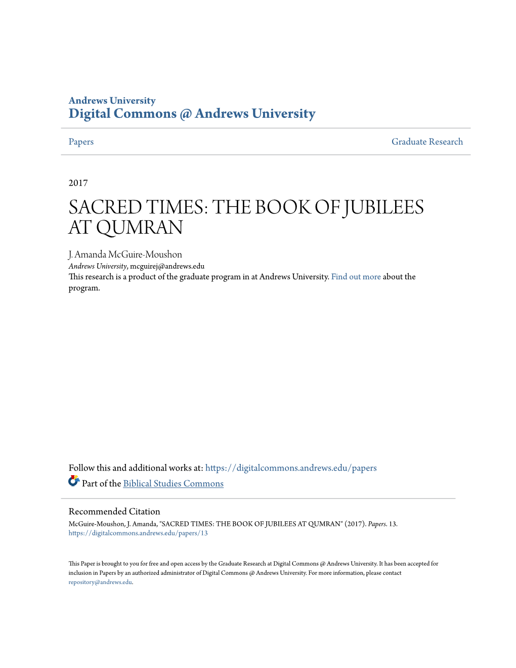 Sacred Times: the Book of Jubilees at Qumran J