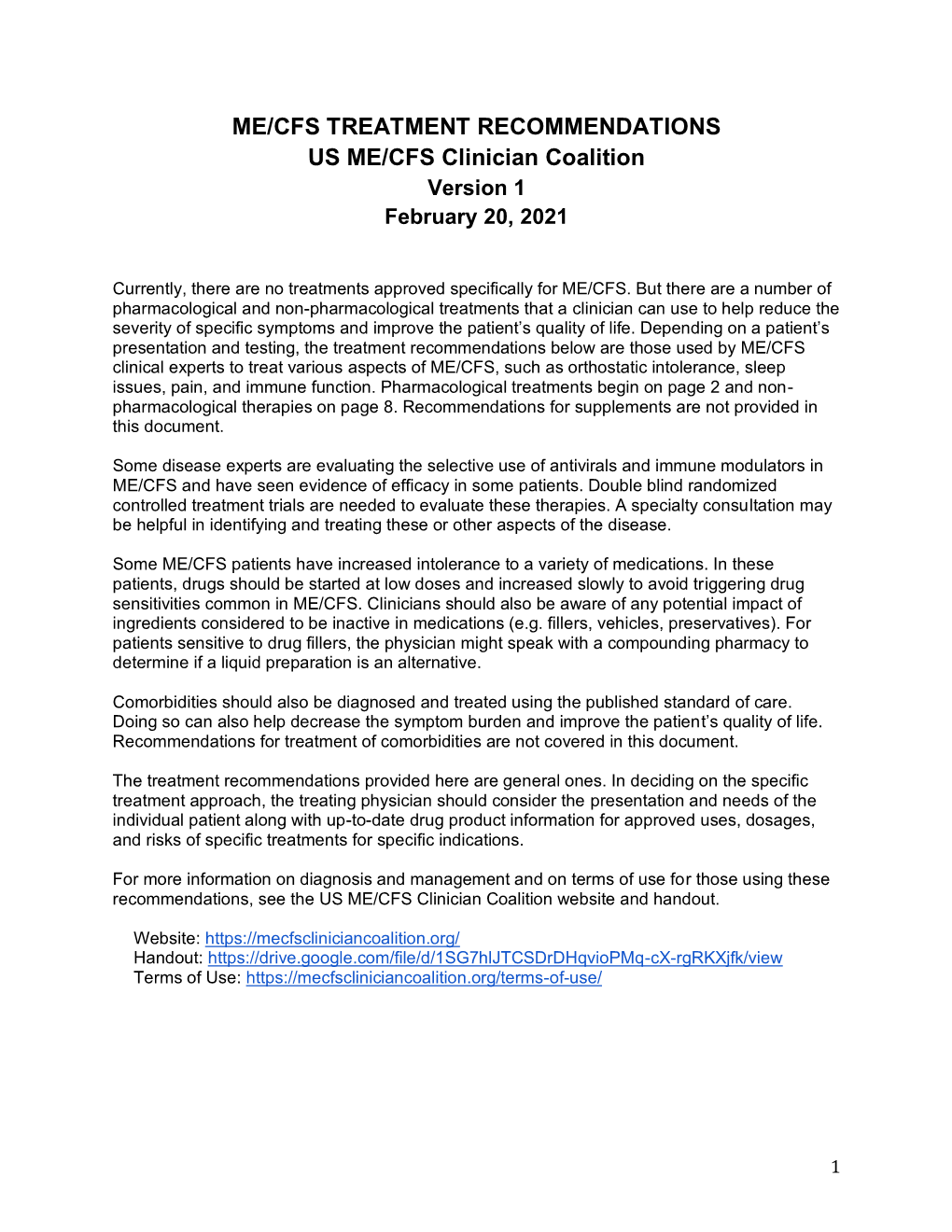 ME/CFS TREATMENT RECOMMENDATIONS US ME/CFS Clinician Coalition Version 1 February 20, 2021