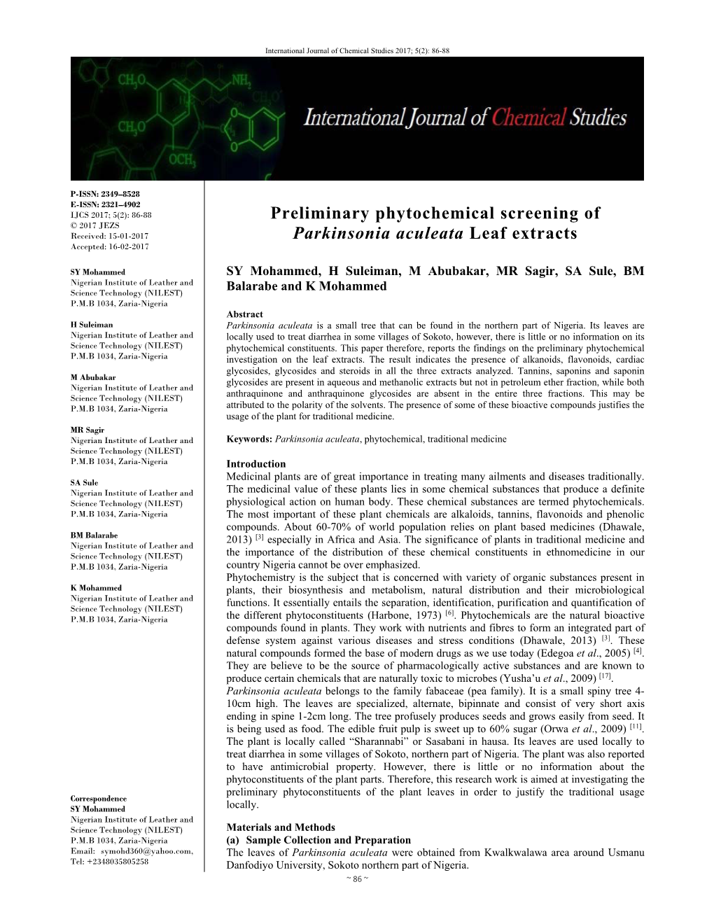 Preliminary Phytochemical Screening of Parkinsonia Aculeata Leaf Extracts