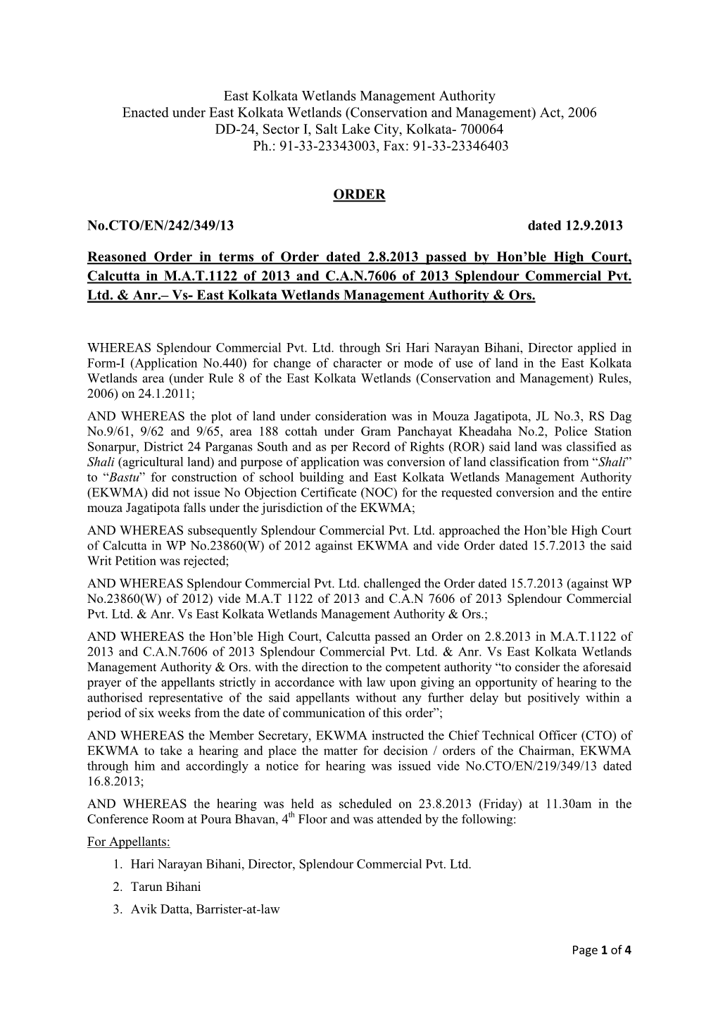 (Conservation and Management) Act, 2006 DD-24, Sector I, Salt Lake City, Kolkata- 700064 Ph.: 91-33-23343003, Fax: 91-33-23346403