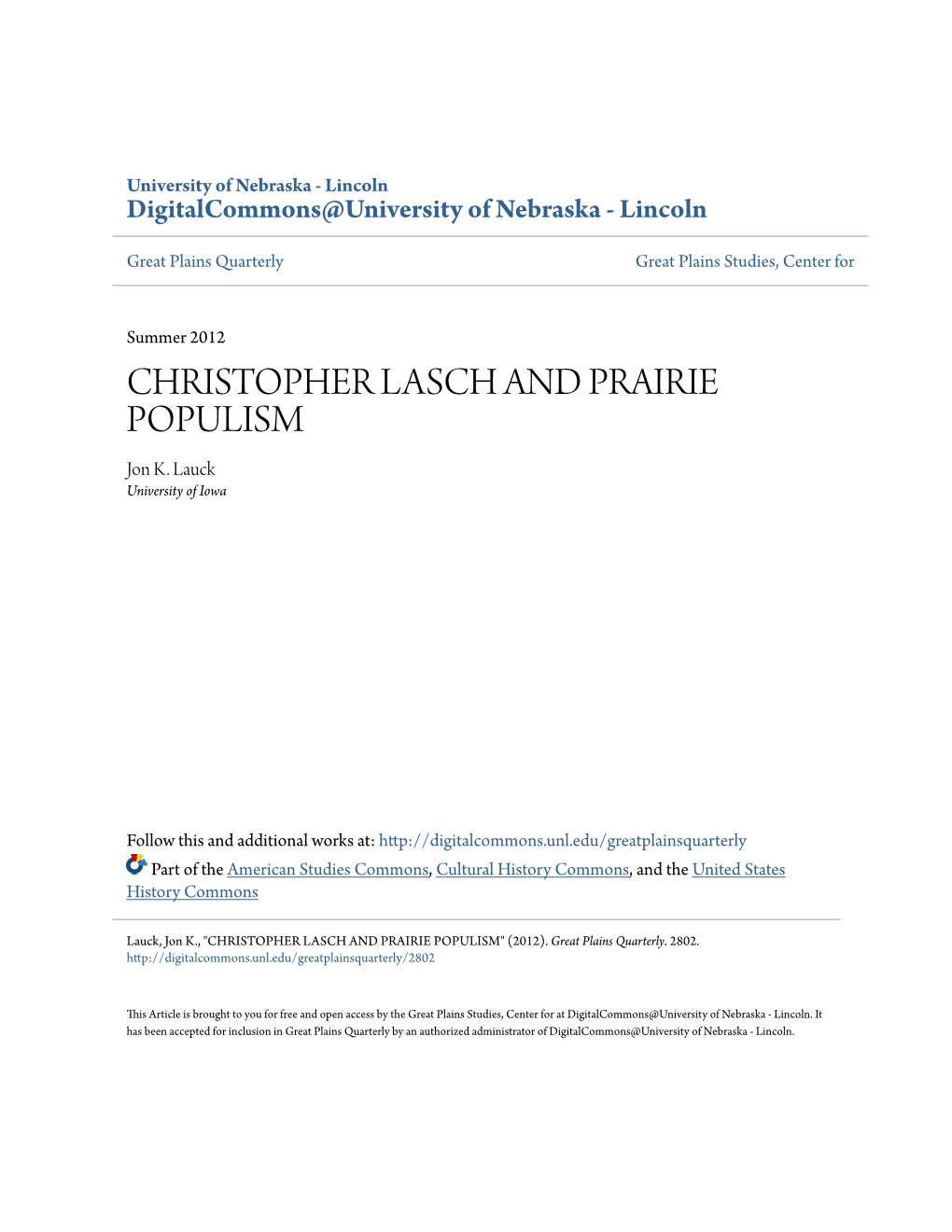 CHRISTOPHER LASCH and PRAIRIE POPULISM Jon K