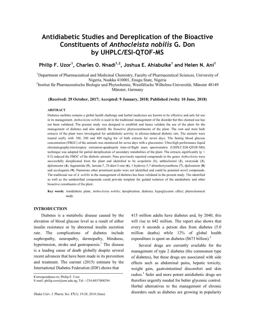 Antidiabetic Studies and Dereplication of the Bioactive Constituents of Anthocleista Nobilis G. Don by UHPLC/ESI-QTOF-MS