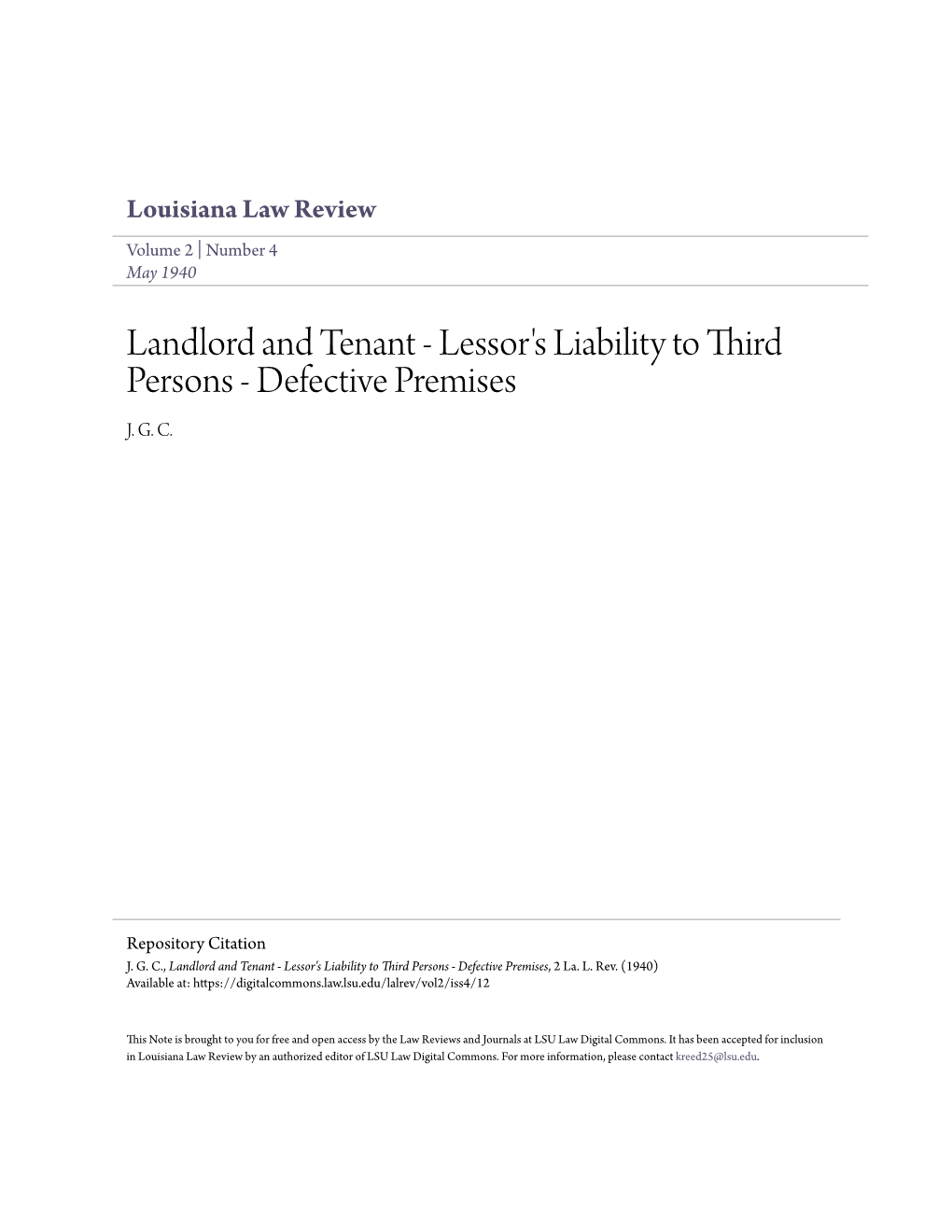 Landlord and Tenant - Lessor's Liability to Third Persons - Defective Premises J