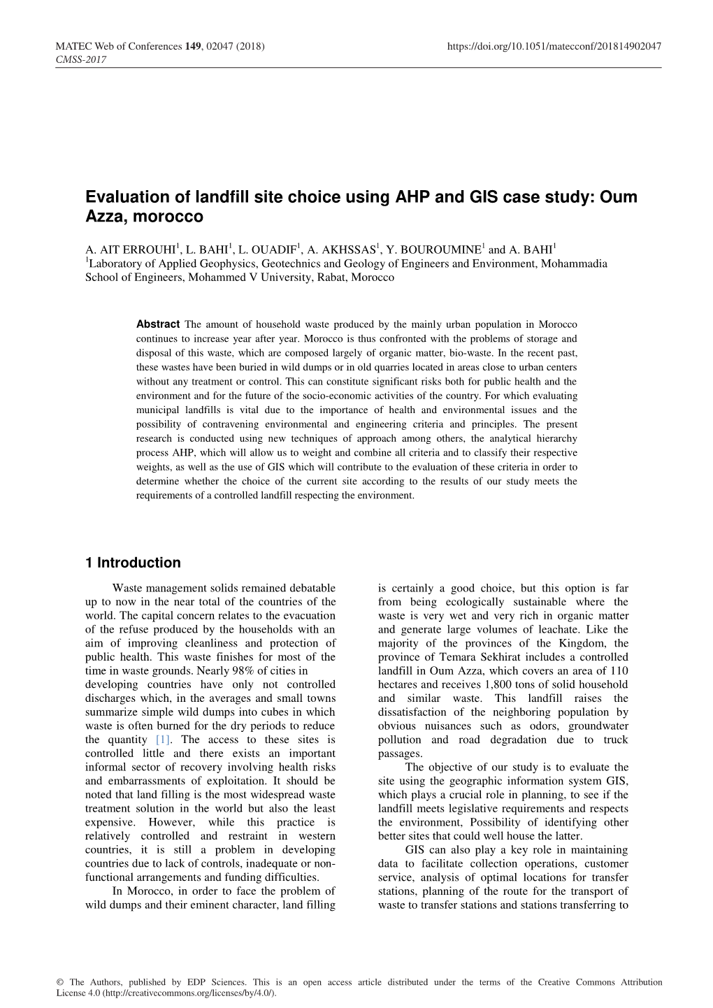 Evaluation of Landfill Site Choice Using AHP and GIS Case Study: Oum Azza, Morocco