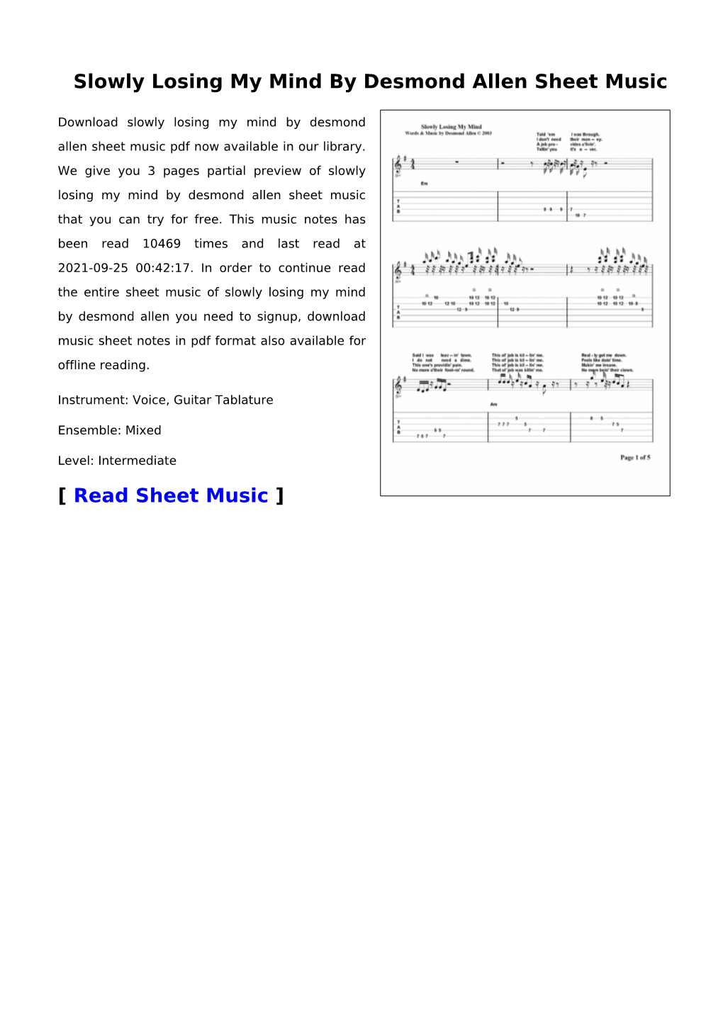 Slowly Losing My Mind by Desmond Allen Sheet Music