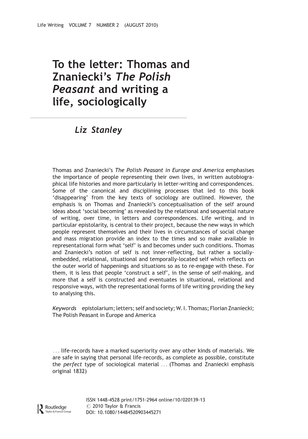 To the Letter: Thomas and Znaniecki's the Polish Peasant and Writing A