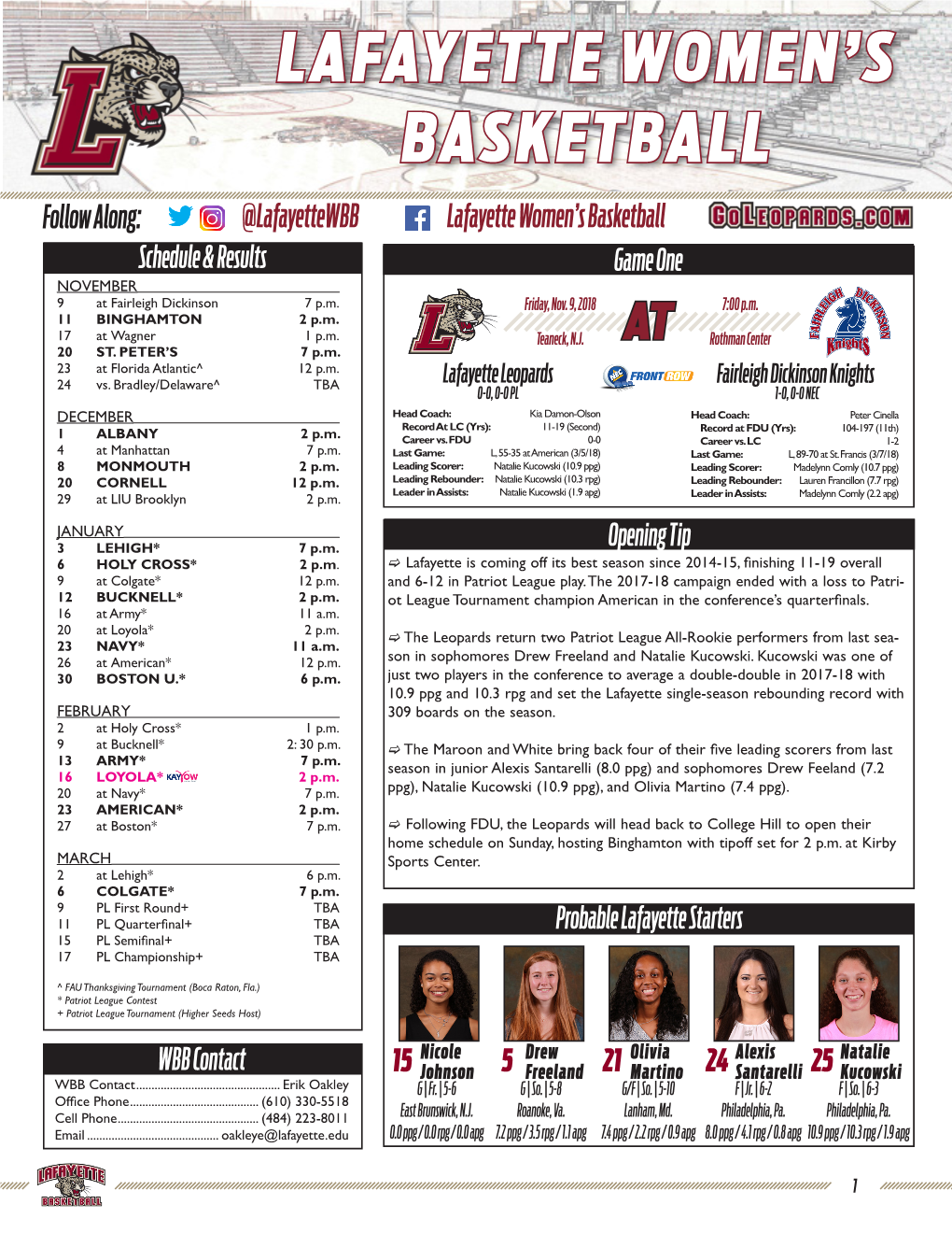Lafayette Women's Basketball Lafayette Individual Game-By-Game (As of Oct 08, 2018) All Games