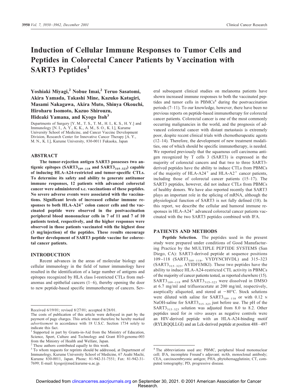 Induction of Cellular Immune Responses to Tumor Cells and Peptides in Colorectal Cancer Patients by Vaccination with SART3 Peptides1