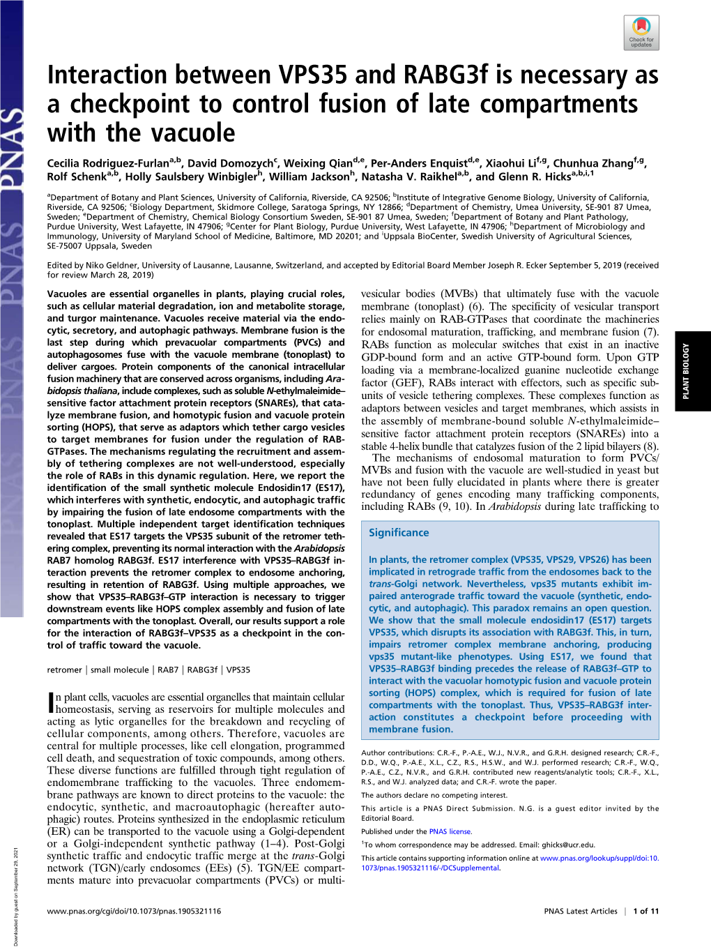 Interaction Between VPS35 and Rabg3f Is Necessary As a Checkpoint to Control Fusion of Late Compartments with the Vacuole