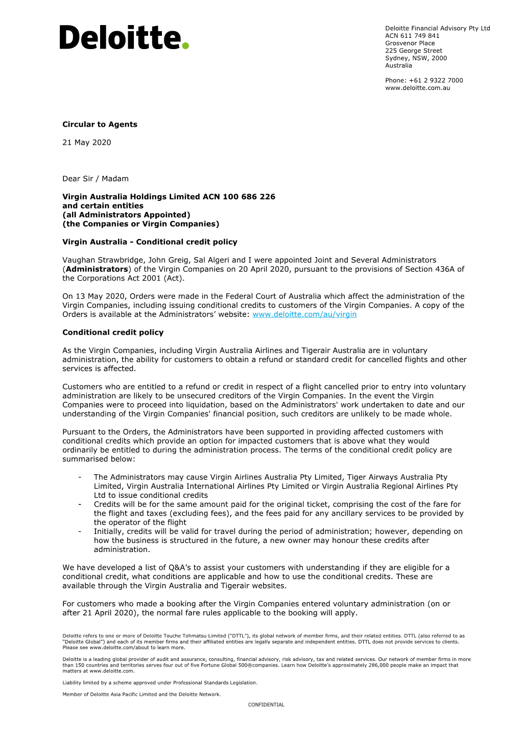 Circular to Agents 21 May 2020 Dear Sir / Madam Virgin Australia