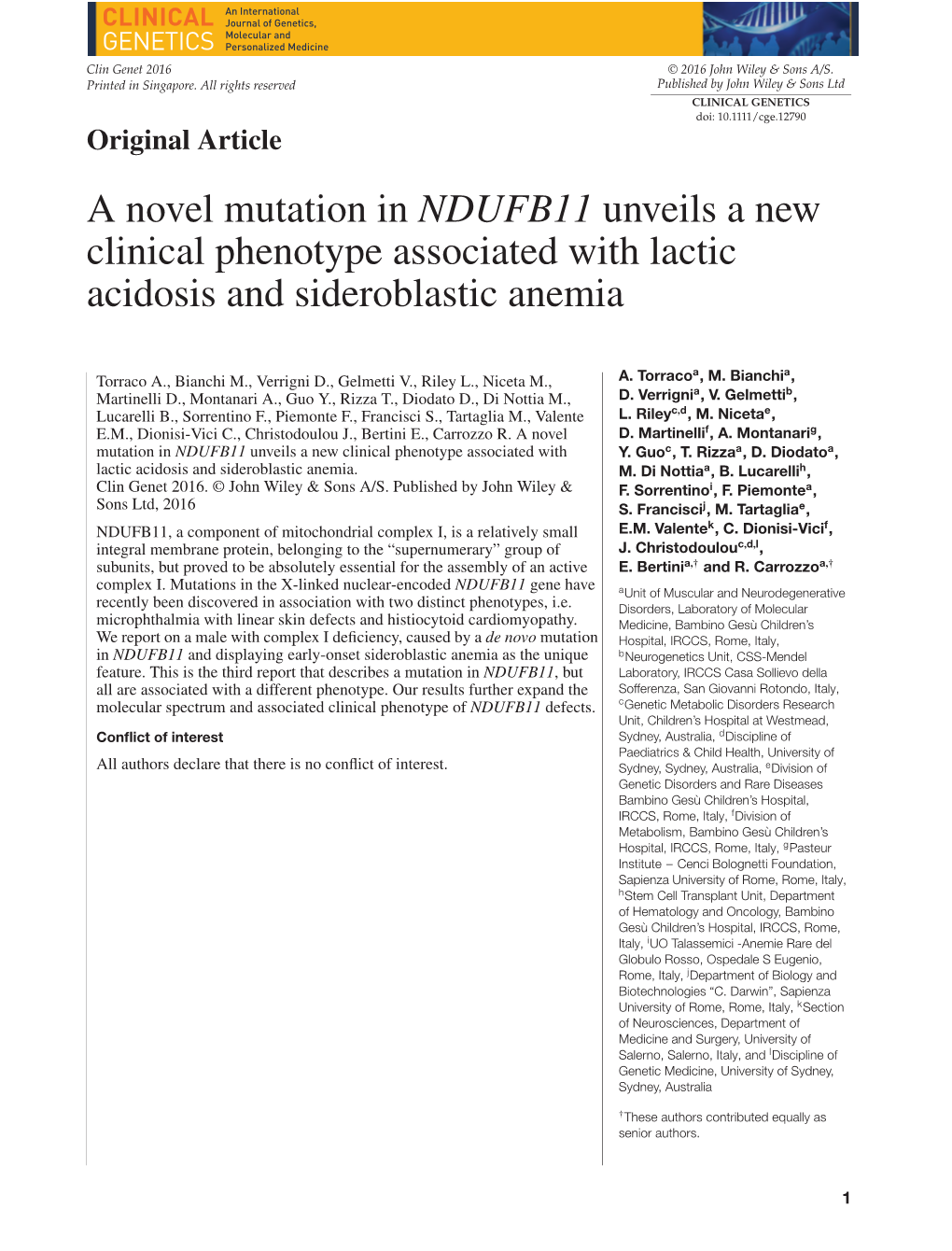 A Novel Mutation in NDUFB11 Unveils a New Clinical Phenotype Associated with Lactic Acidosis and Sideroblastic Anemia