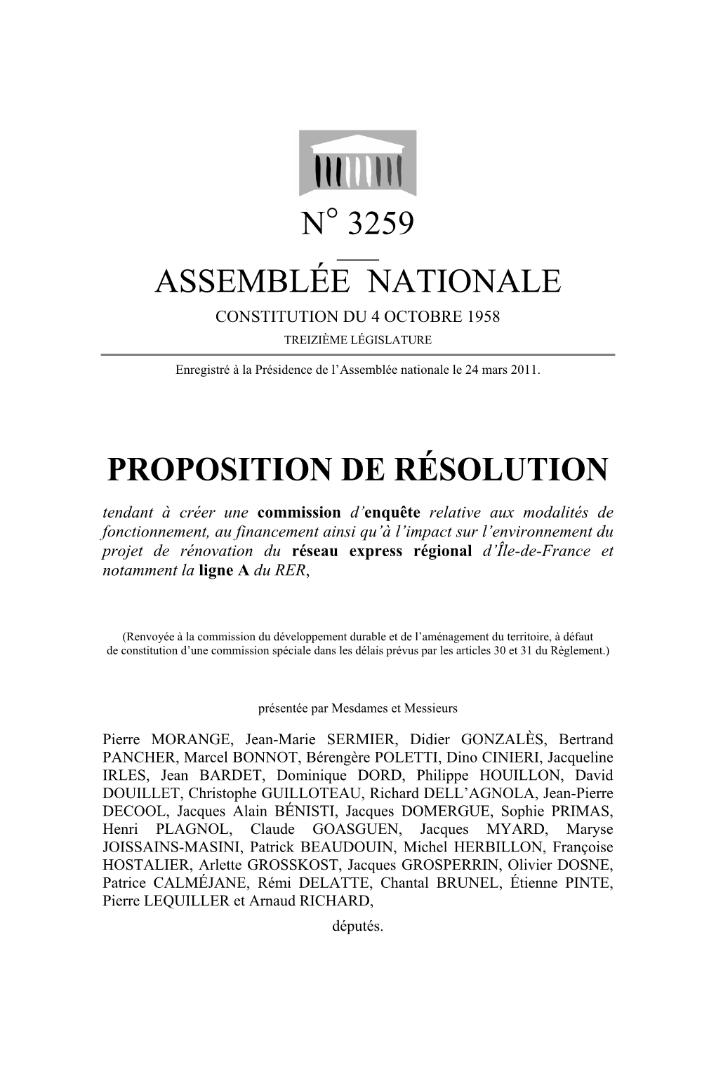 N° 3259 Assemblée Nationale Proposition De Résolution