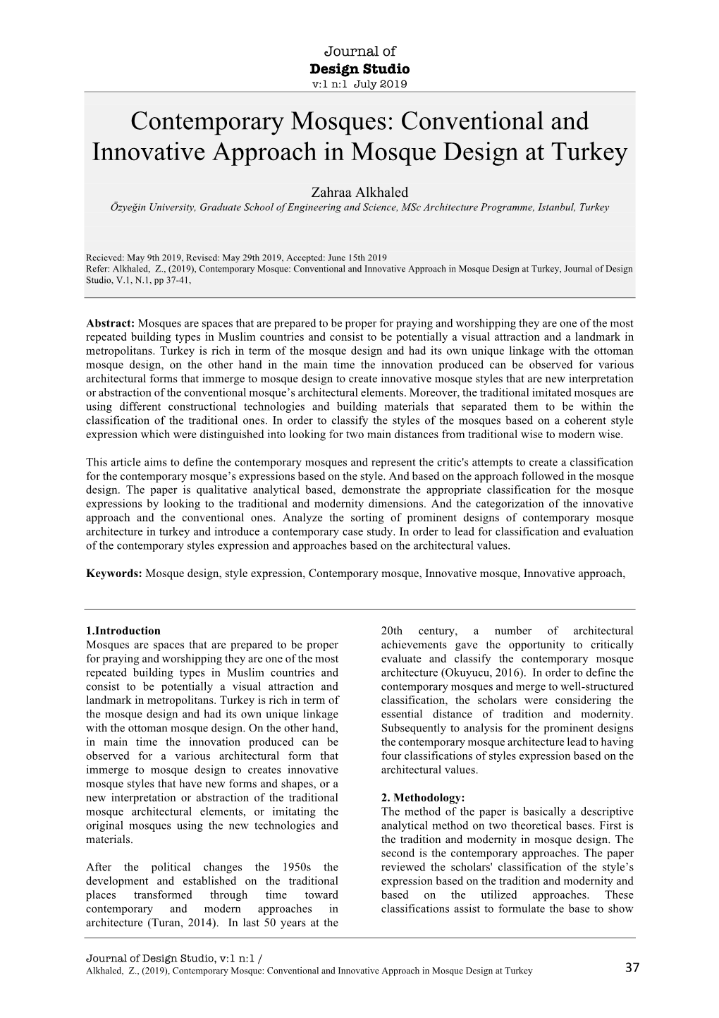 Contemporary Mosques: Conventional and Innovative Approach in Mosque Design at Turkey