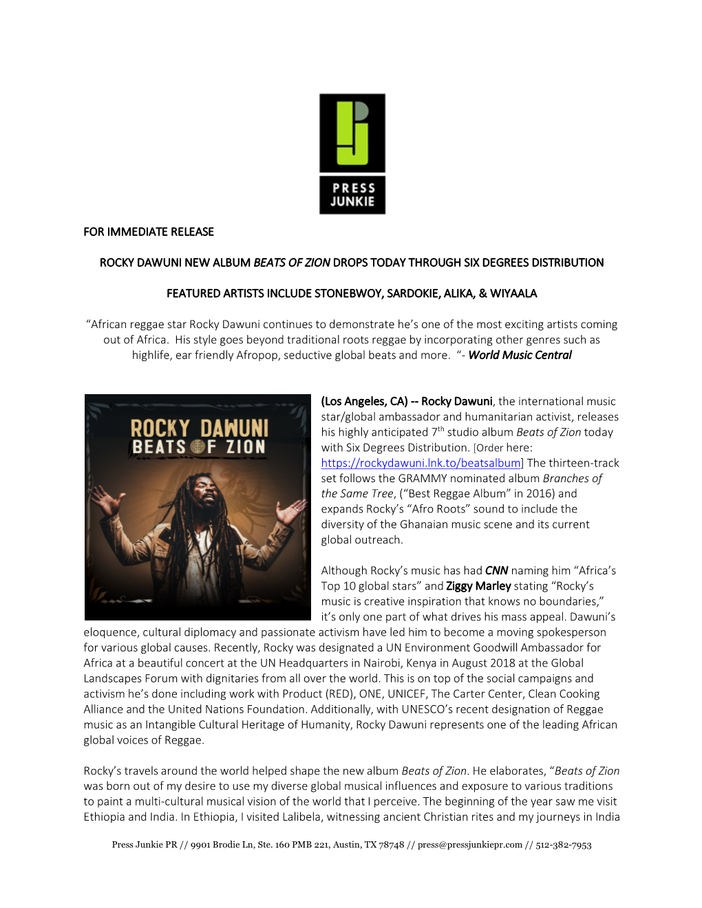 For Immediate Release Rocky Dawuni New Album Beats Of