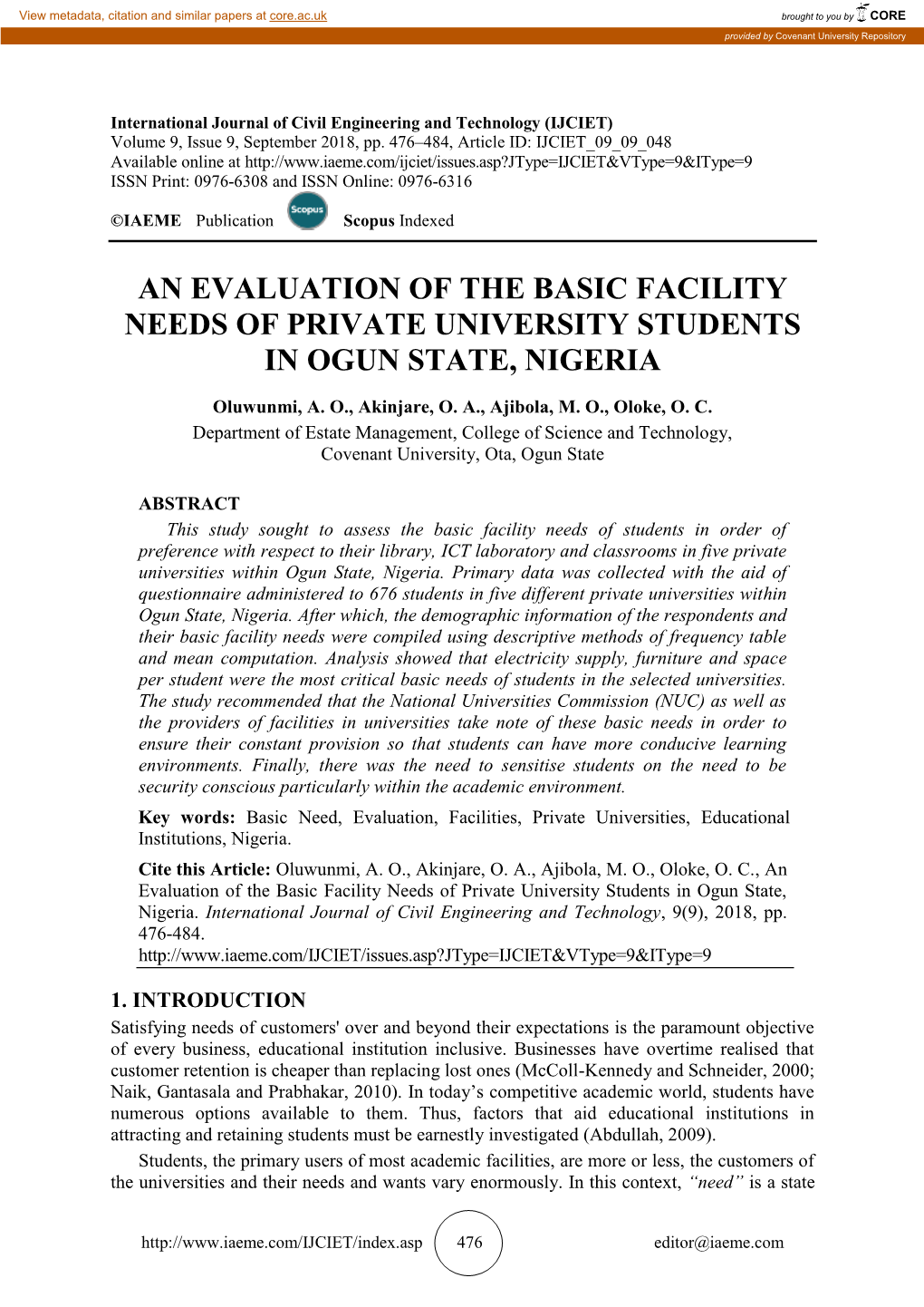 An Evaluation of the Basic Facility Needs of Private University Students in Ogun State, Nigeria