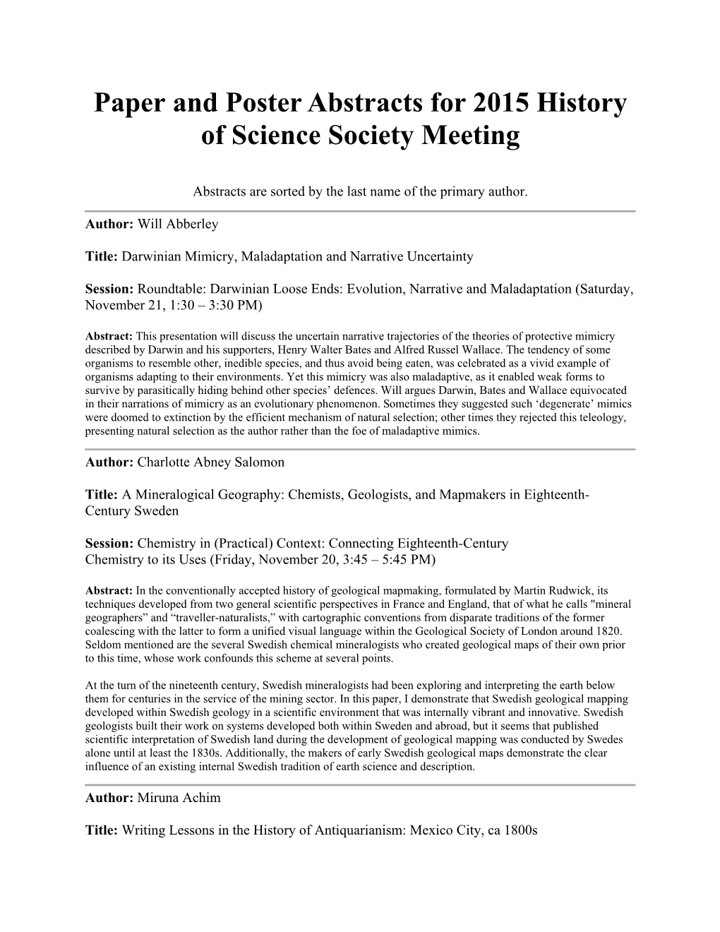 Paper and Poster Abstracts for 2015 History of Science Society Meeting