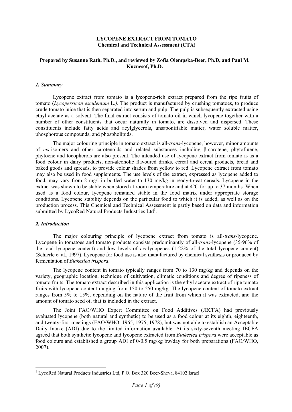 LYCOPENE EXTRACT from TOMATO Chemical and Technical Assessment (CTA)