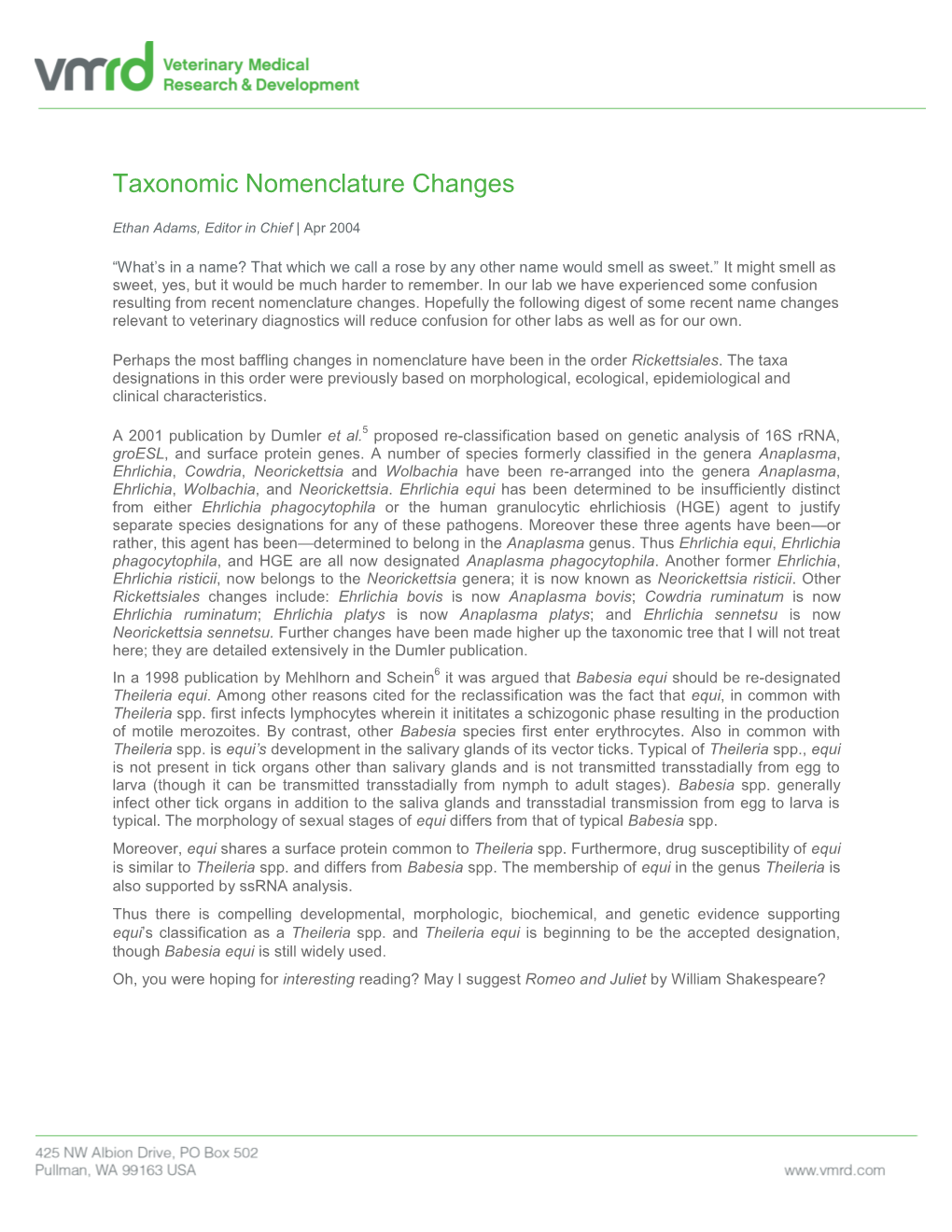 Taxonomic Nomenclature Changes