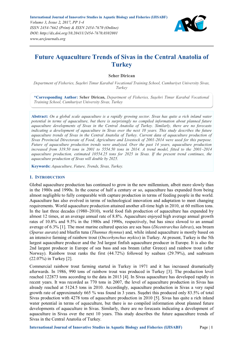 Future Aquaculture Trends of Sivas in the Central Anatolia of Turkey