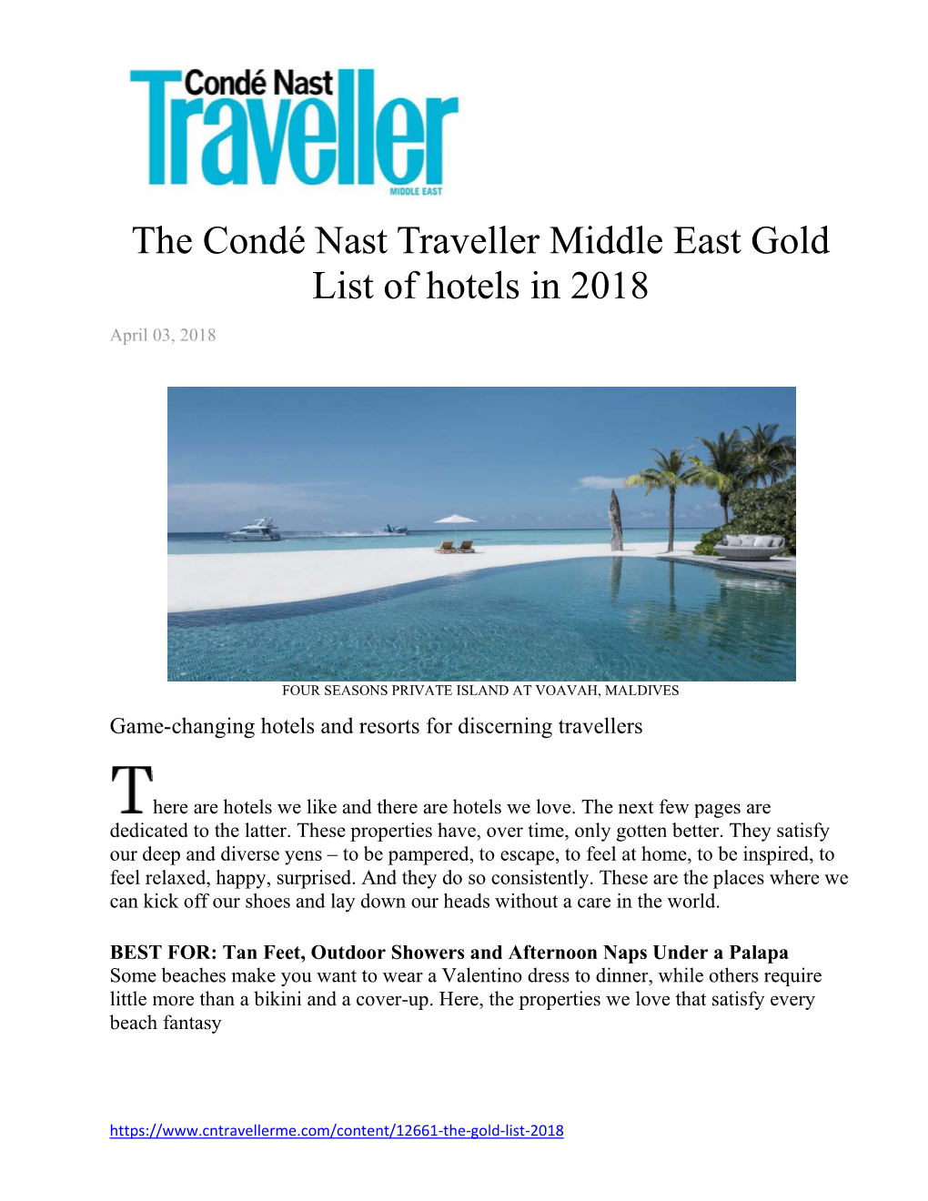 The Condé Nast Traveller Middle East Gold List of Hotels in 2018 April 03, 2018