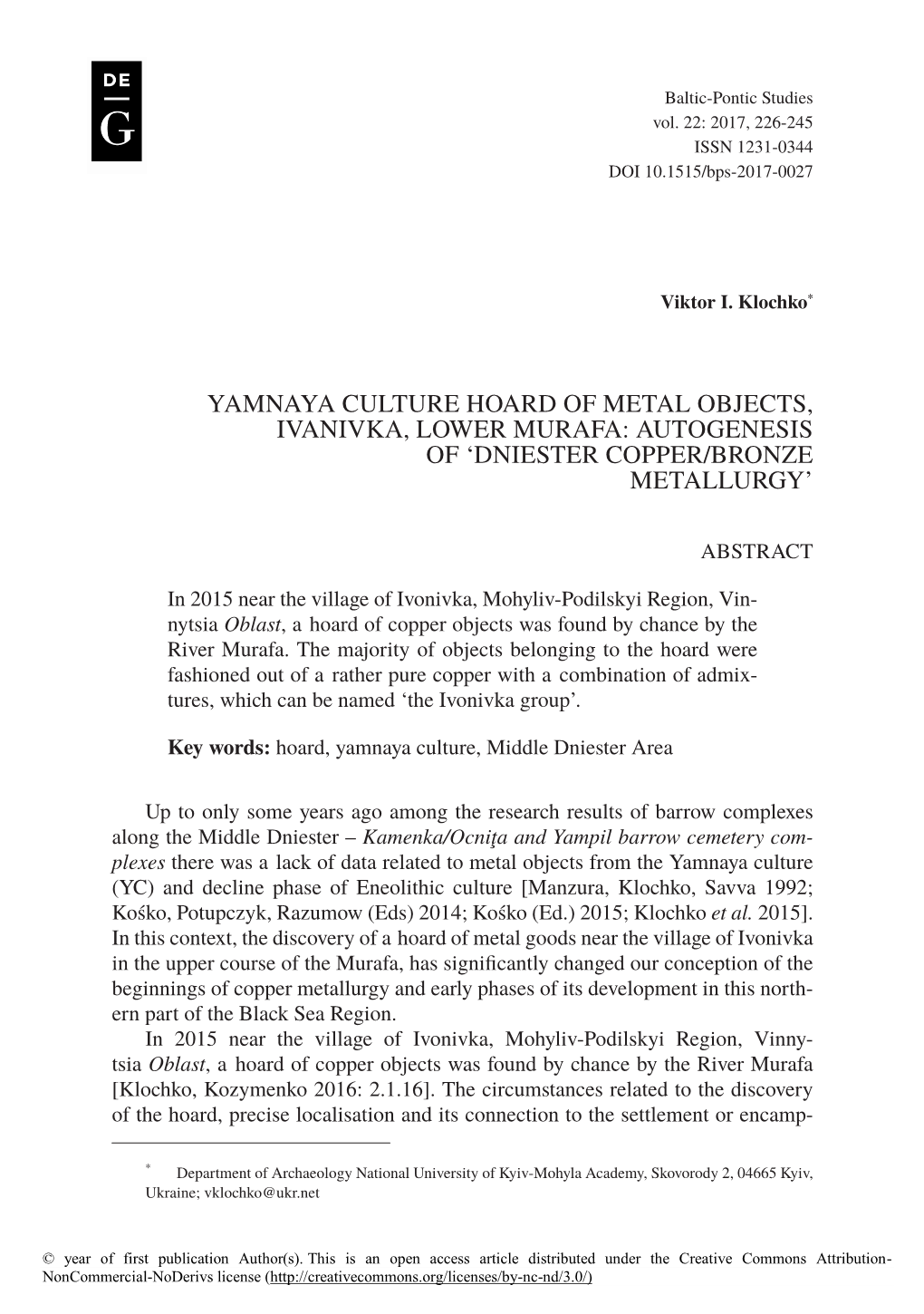 Yamnaya Culture Hoard of Metal Objects, Ivanivka, Lower Murafa: Autogenesis of ‘Dniester Copper/Bronze Metallurgy’