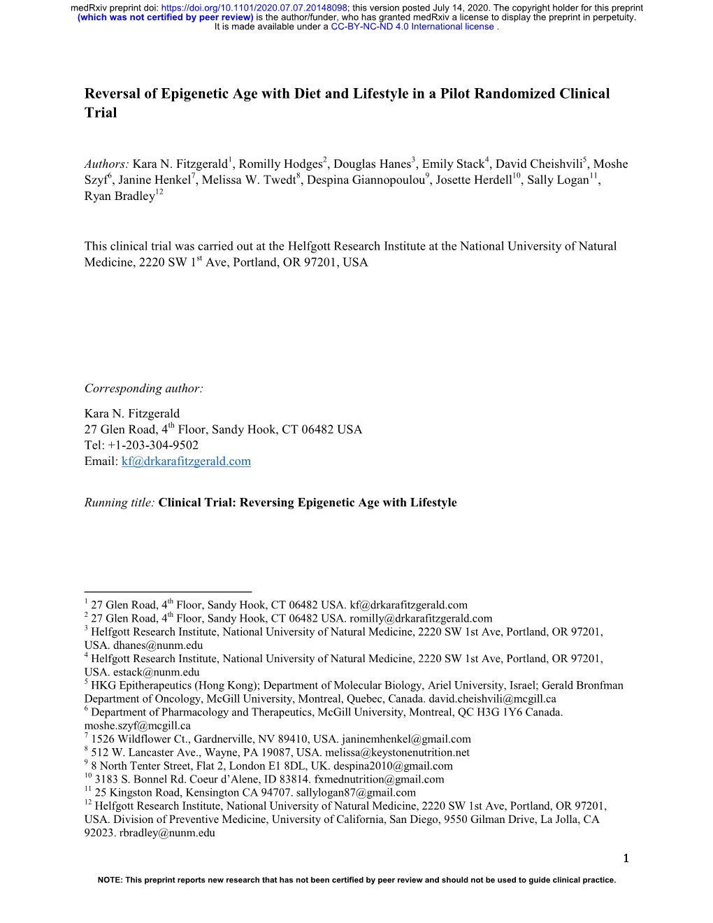 Reversal of Epigenetic Age with Diet and Lifestyle in a Pilot Randomized Clinical Trial