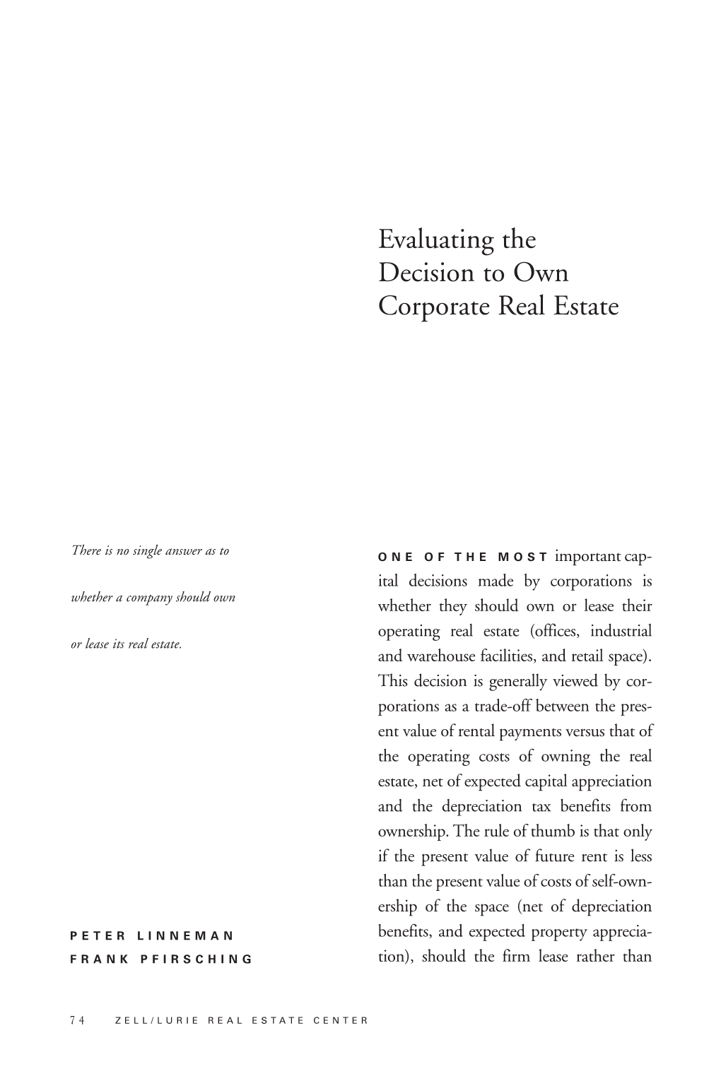 Evaluating the Decision to Own Corporate Real Estate