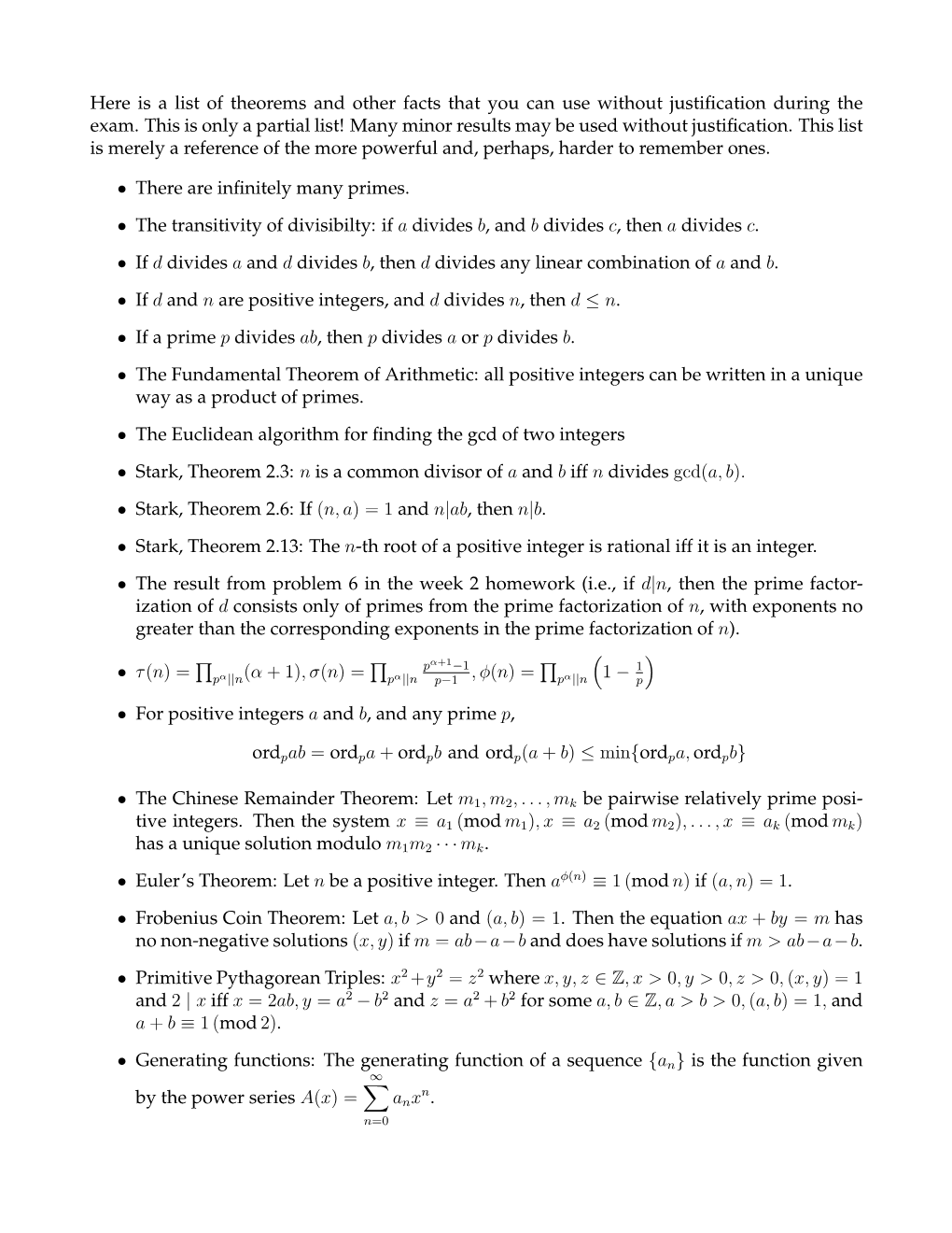 Here Is a List of Theorems and Other Facts That You Can Use Without Justiﬁcation During the Exam