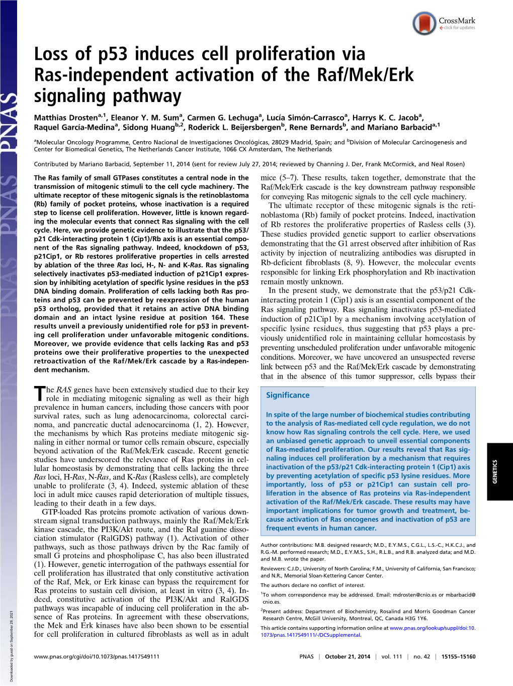 Loss of P53 Induces Cell Proliferation Via Ras-Independent Activation of the Raf/Mek/Erk Signaling Pathway