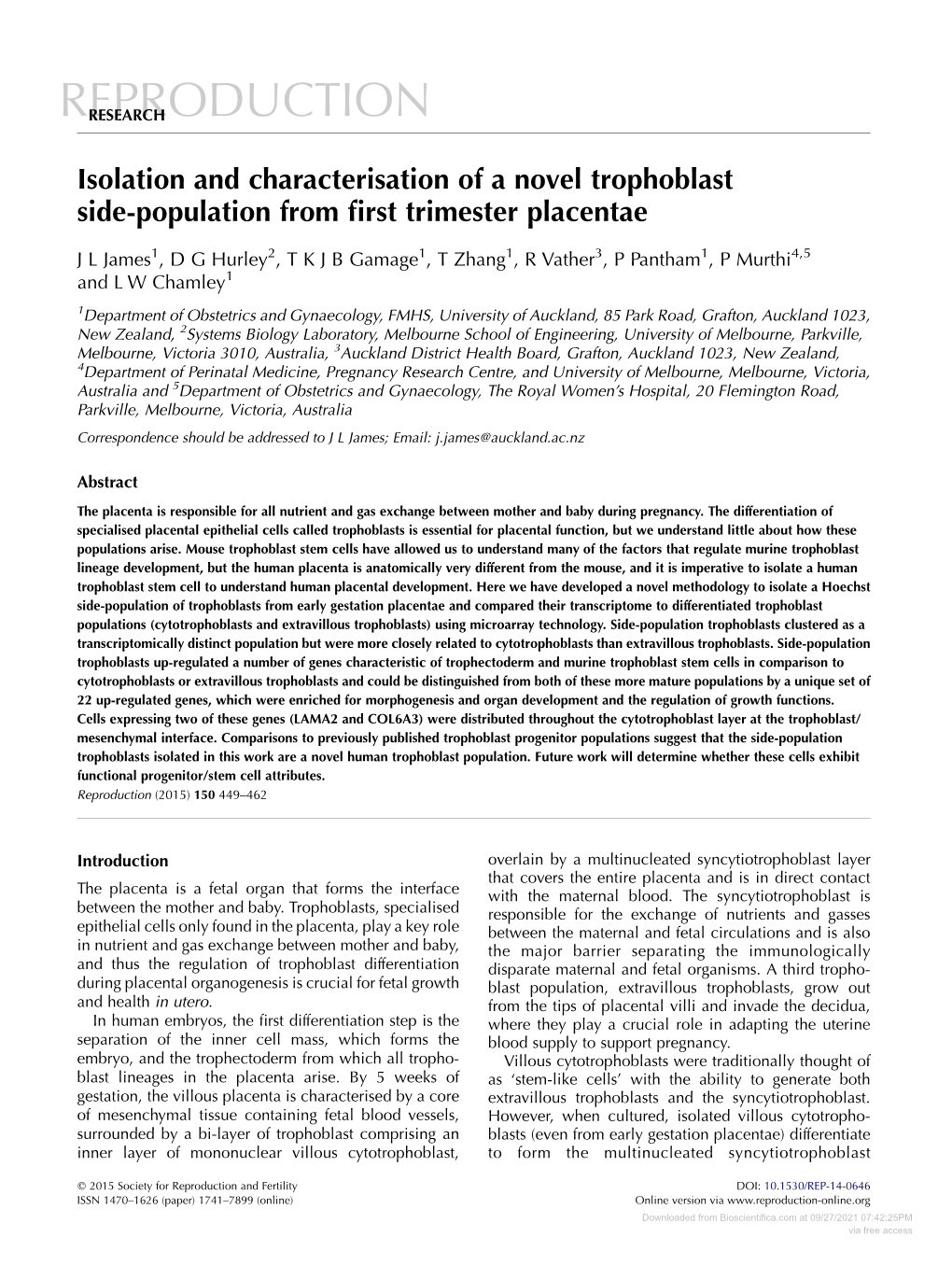 Isolation and Characterisation of a Novel Trophoblast Side-Population from ﬁrst Trimester Placentae