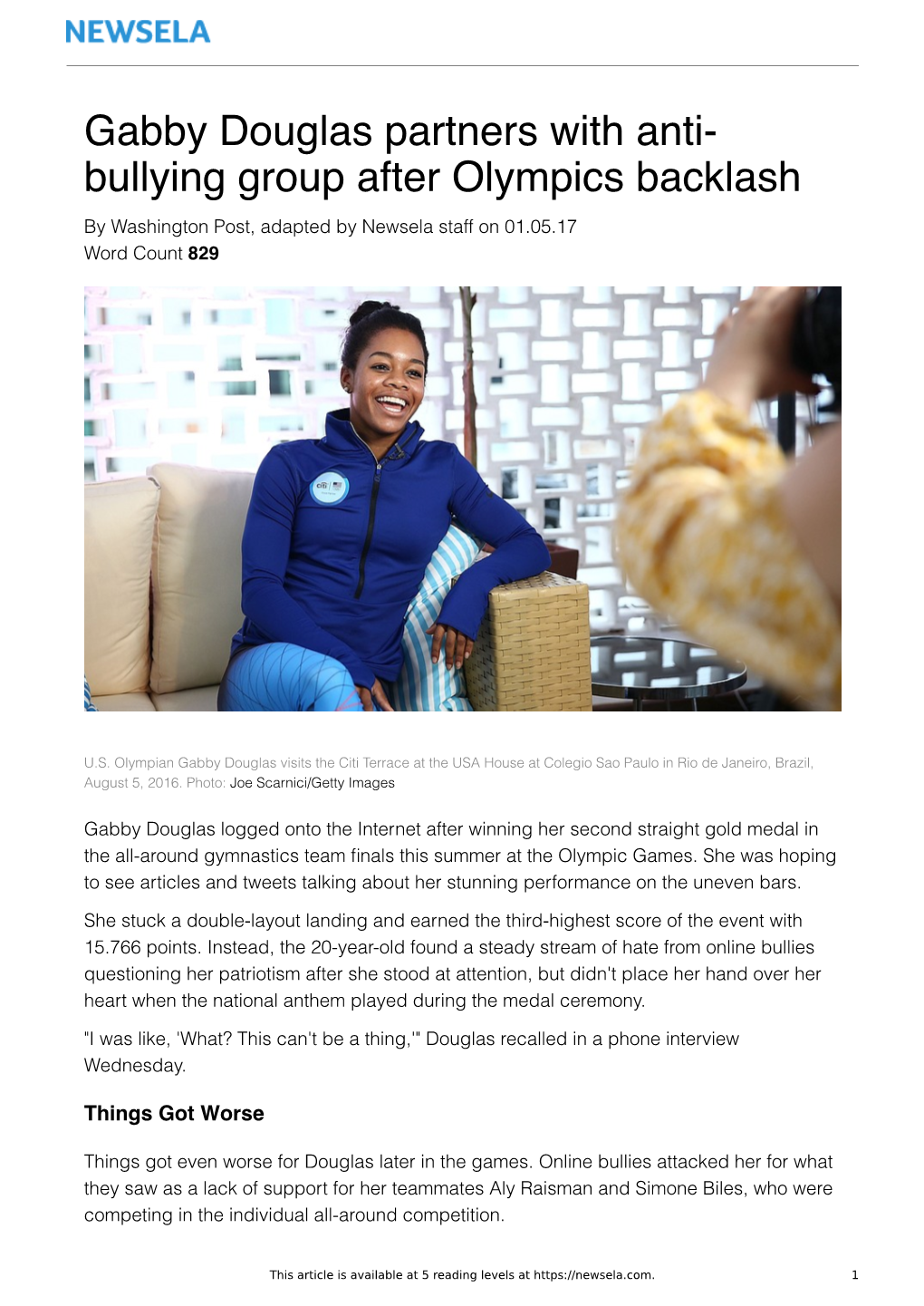 Gabby Douglas Partners with Anti- Bullying Group After Olympics Backlash by Washington Post, Adapted by Newsela Staff on 01.05.17 Word Count 829