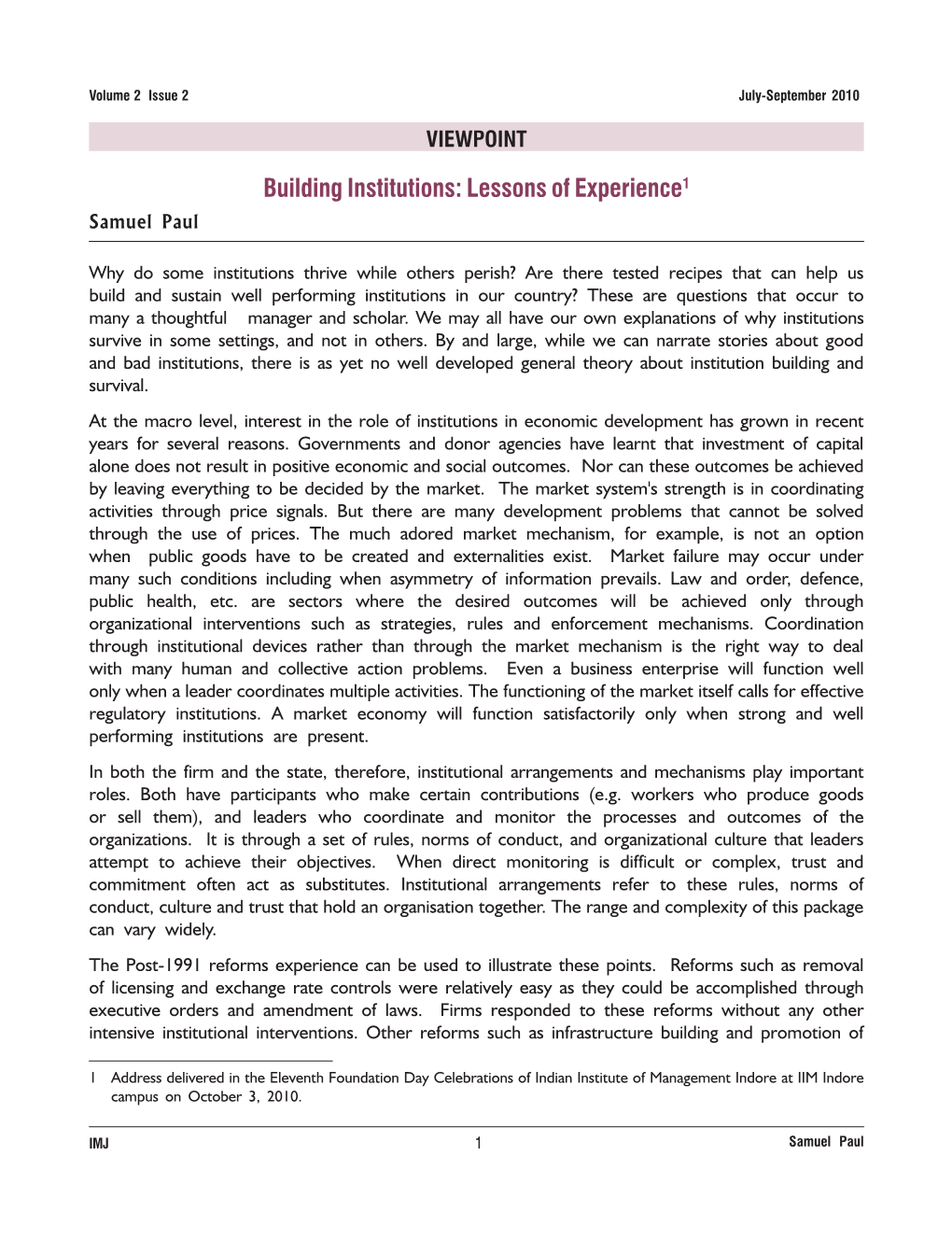 Building Institutions: Lessons of Experience1 Samuel Paul