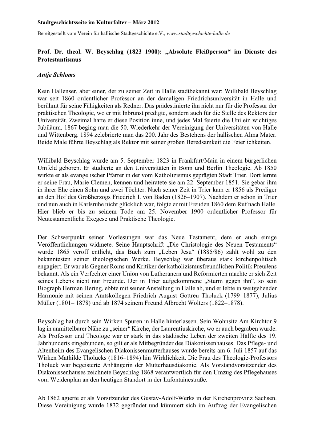 Prof. Dr. Theol. W. Beyschlag (1823–1900): „Absolute Fleißperson“ Im Dienste Des Protestantismus