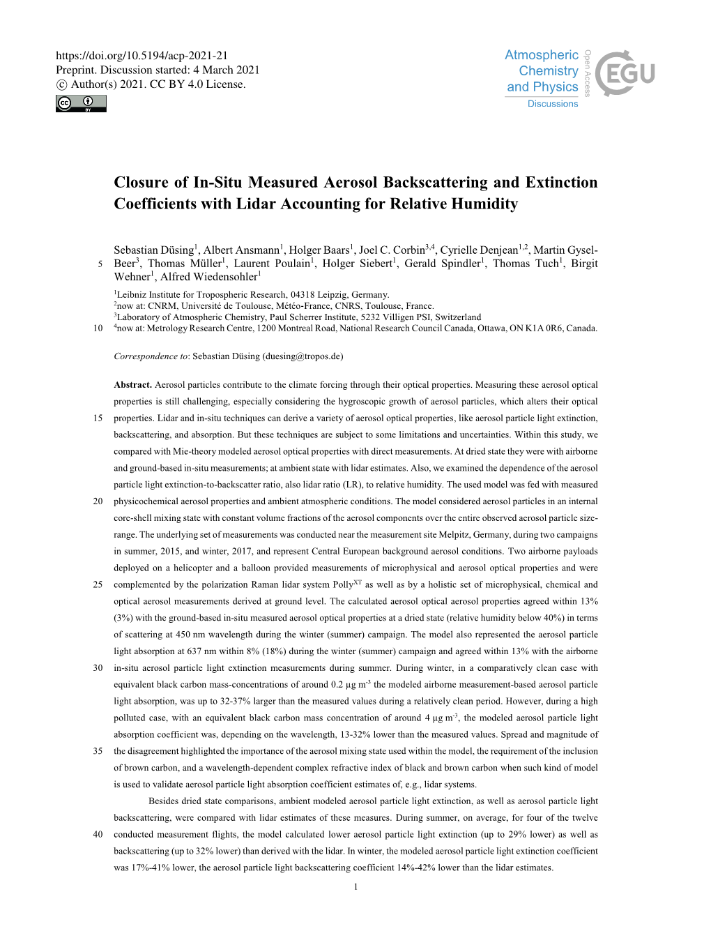 Closure of In-Situ Measured Aerosol Backscattering and Extinction Coefficients with Lidar Accounting for Relative Humidity