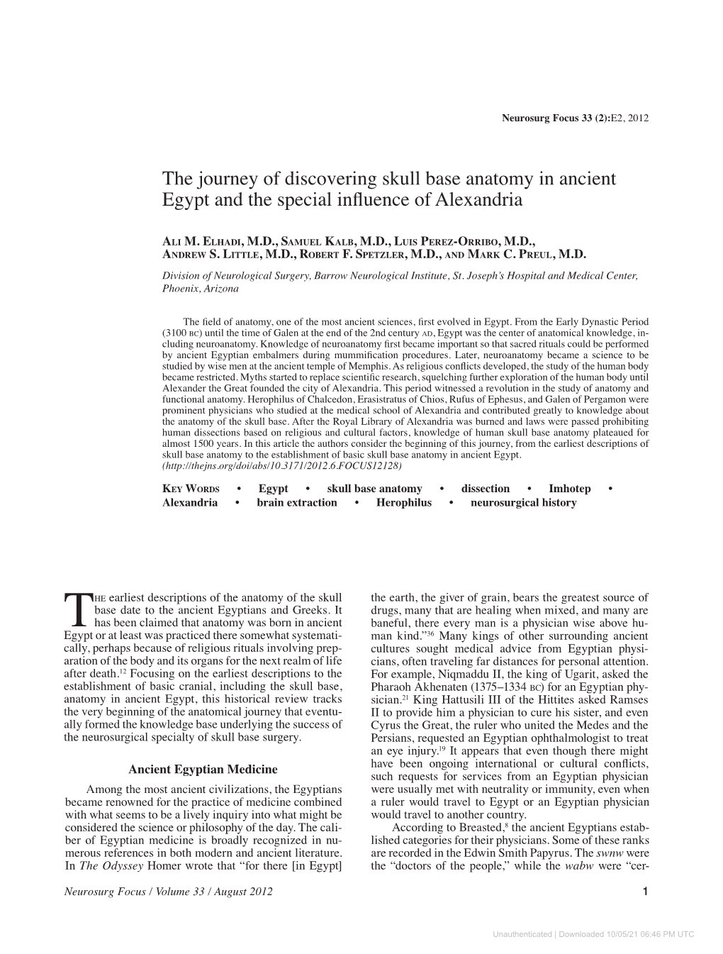 The Journey of Discovering Skull Base Anatomy in Ancient Egypt and the Special Influence of Alexandria