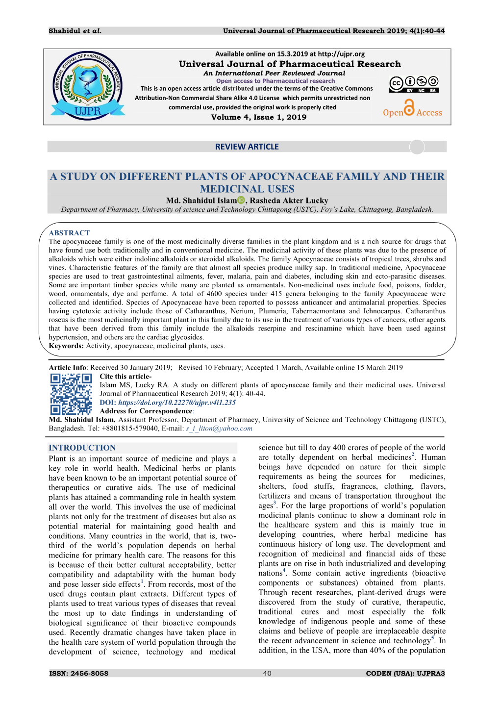 A STUDY on DIFFERENT PLANTS of APOCYNACEAE FAMILY and THEIR MEDICINAL USES Md