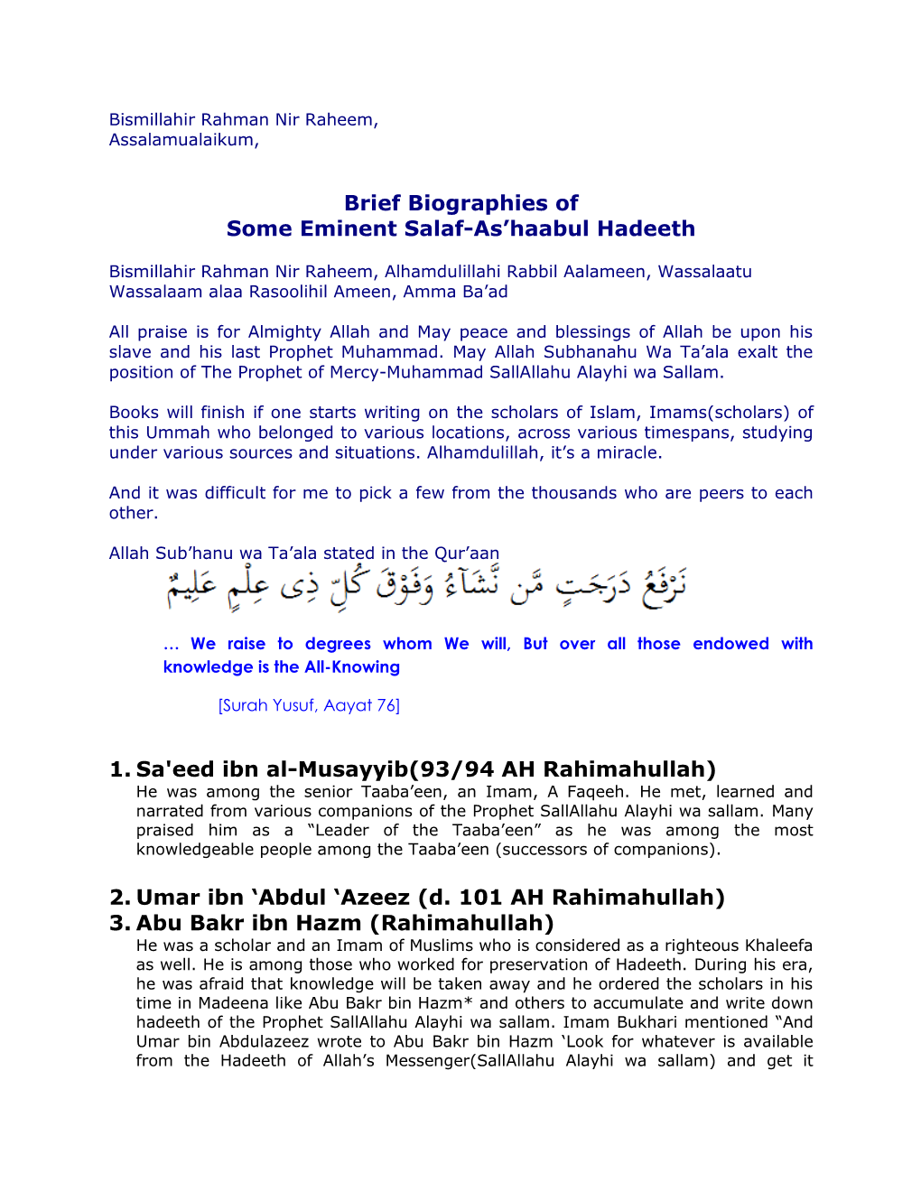 Brief Biographies of Some Eminent Salaf-As’Haabul Hadeeth