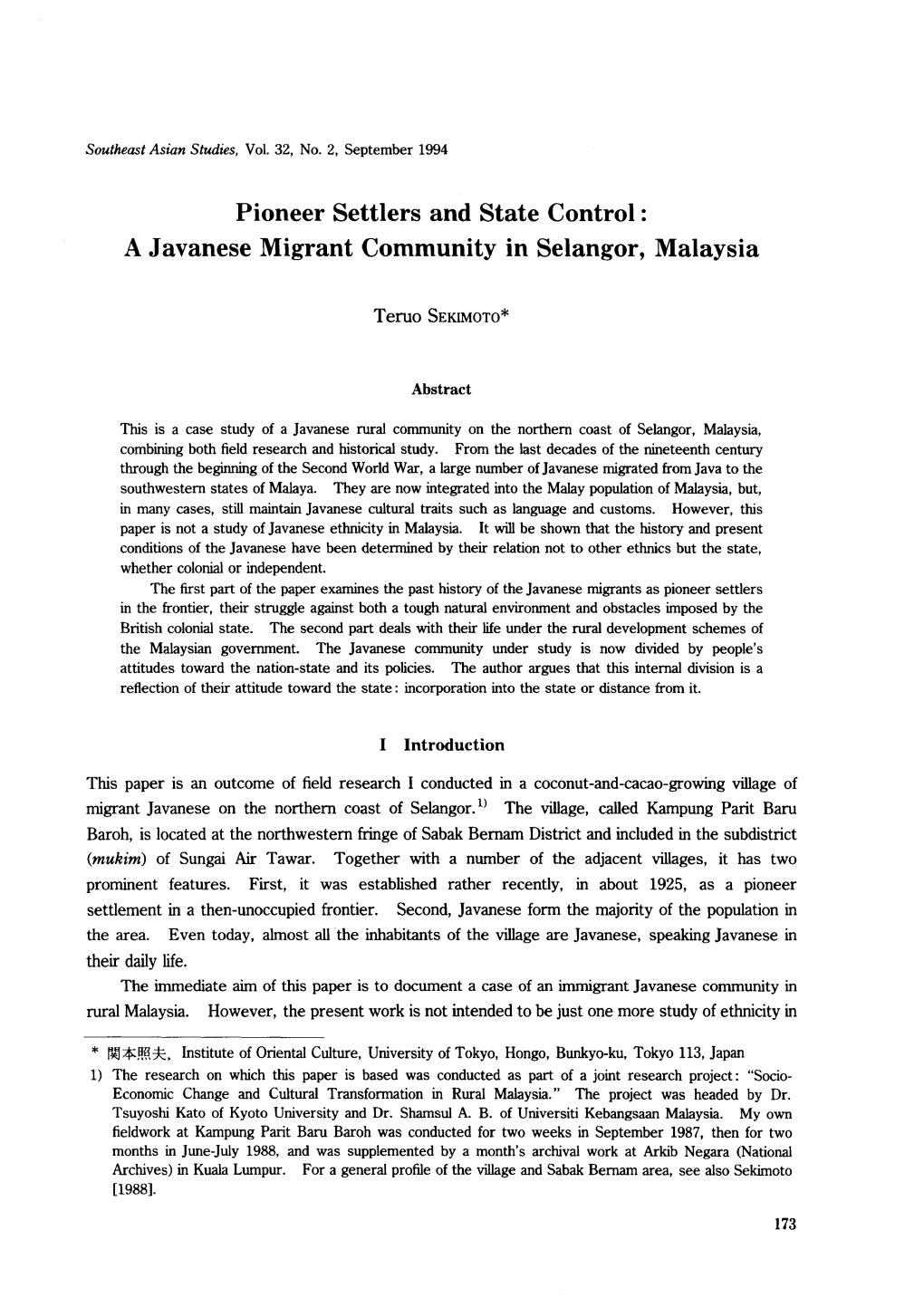 Pioneer Settlers and State Control: a Javanese Migrant Community in Selangor, Malaysia