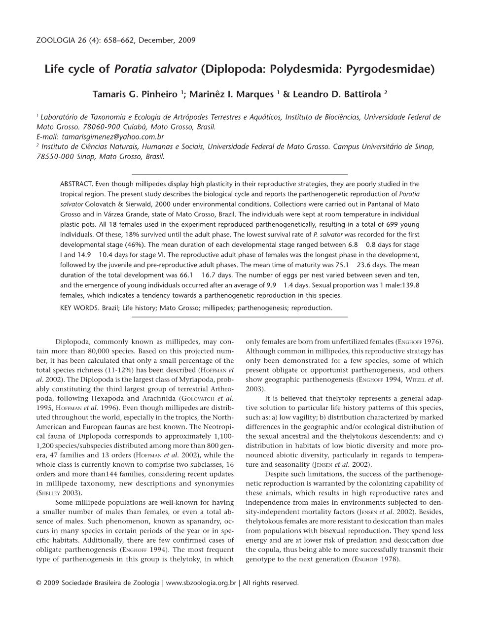 Life Cycle of Poratia Salvator (Diplopoda: Polydesmida: Pyrgodesmidae)