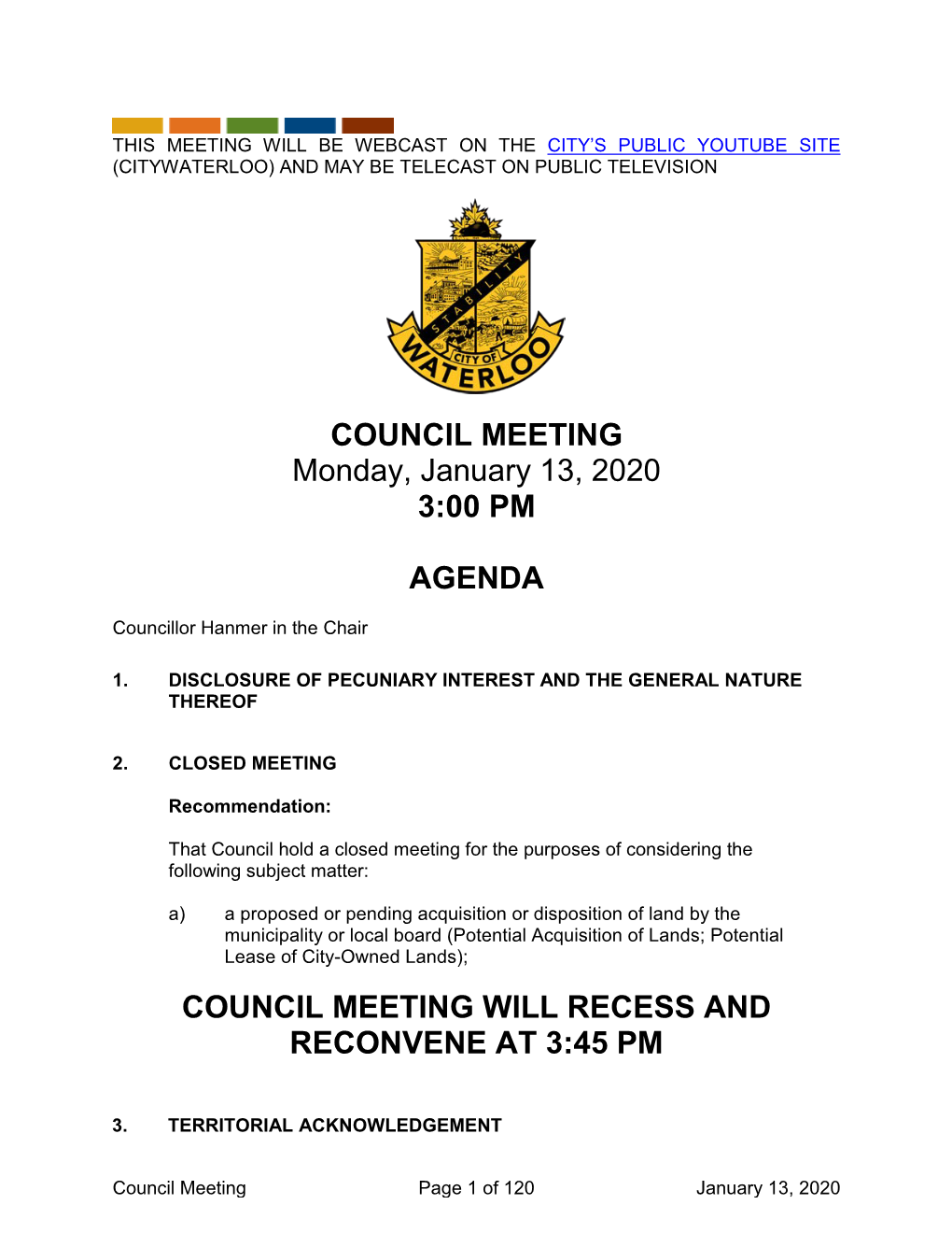 January 13, 2020 Council Meeting Agenda Packet